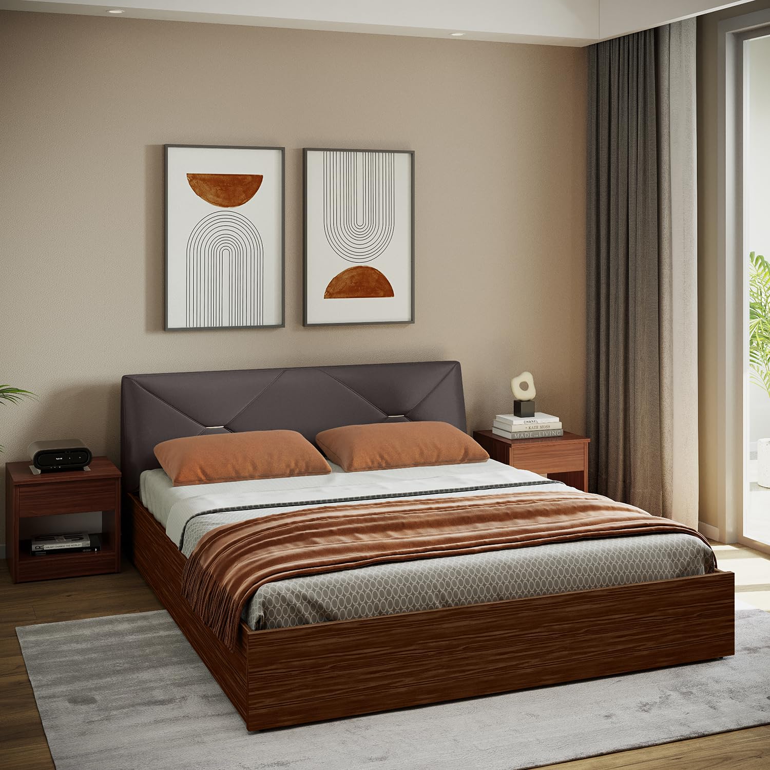 Interio by Godrej Solara King Size Engineered Wood Bed with Box Storage 1-Year Warranty, Brown, Upholstered Headboard-image-12