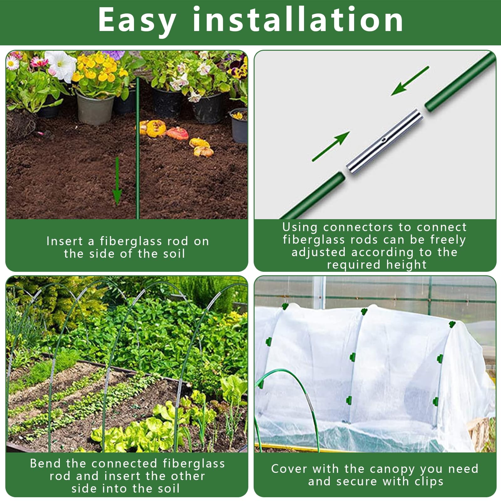 Aros de invernadero para camas elevadas, 36 aros de jardín de 17 pulgadas para túnel de red, aros desmontables de fibra de vidrio con 18 clips de red, aros de soporte, aros de jardín para red de