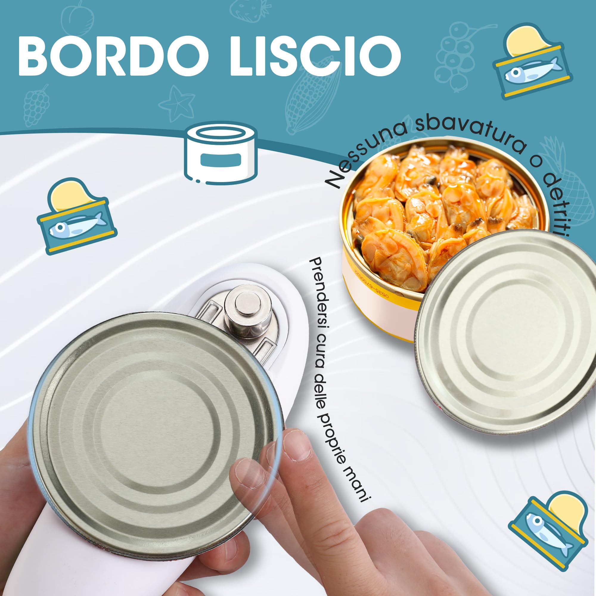 HAUSHOF Apriscatole Elettrico One Touch Bordo Liscio, Apriscatole Automatico con Funzione di Avvio e Arresto Automatico One Touch, Gadget da Cucina con 4 Batterie per Cuochi-Blu
