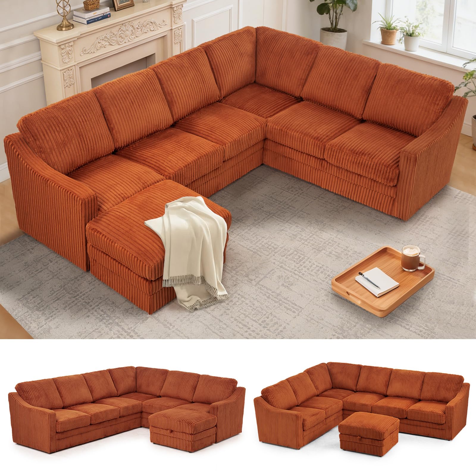 ACMEASE 115 Inches Corduroy Sectional Sofa with Storage Ottoman, Modern 7 Seats Corner Couch with Deep Seat, Comfy Modular U Shaped Couch with