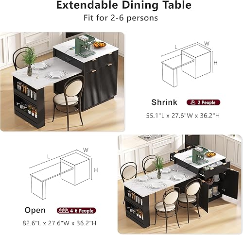 Miniatura 7 de Merax Isla de cocina acanalada de 82.6 pulgadas con mesa de comedor extensible para 4-6, mesa de isla para cocina con toma de corriente, mesa de
