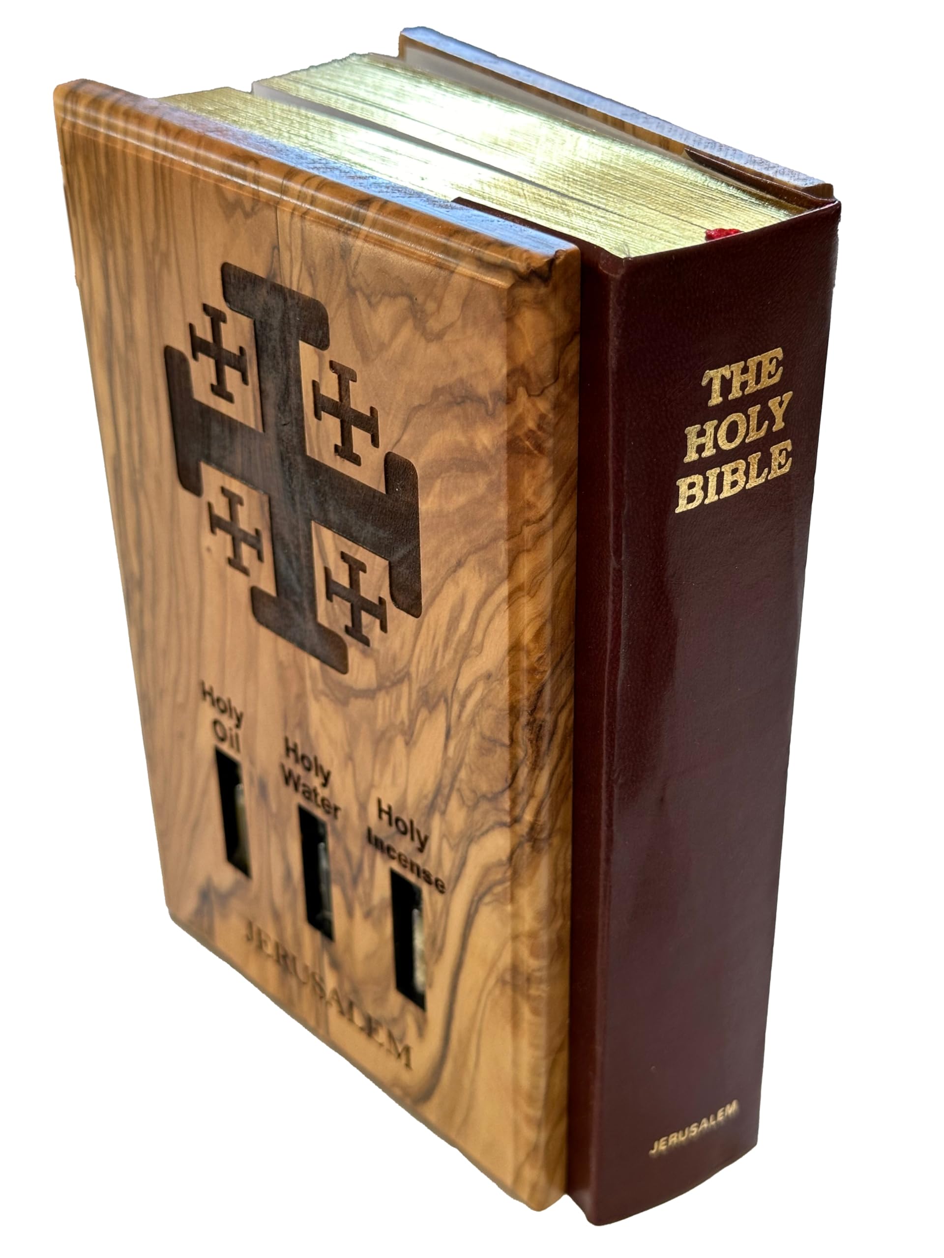 Olive Wood Catholic Bible with Holy Oil, Water, Incense from Jerusalem, Jerusalem Cross, Lord's Prayer, Last Supper Carved