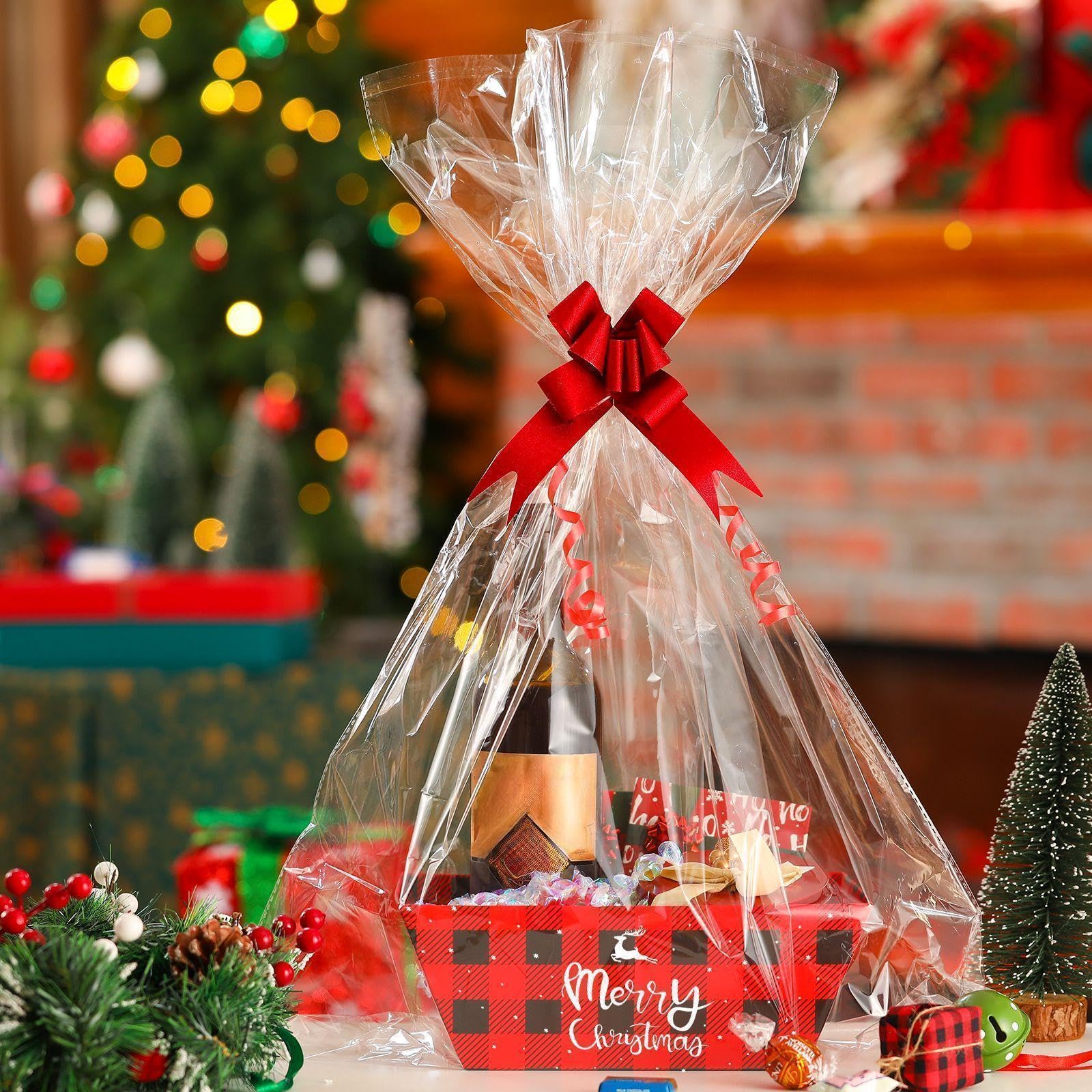 Yeaqee Set di 36 cestini natalizi vuoti per regali, include 12 cestini natalizi a quadri di bufalo per regali da riempire, robusti cestini di cartone sfusi 12 sacchetti 12 fiocchi da tirare per Natale