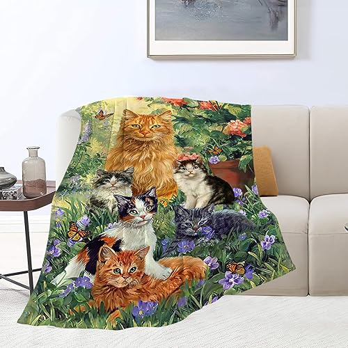 Bonita manta de gato con flores, manta de animales, regalos para niñas, niños, amantes de los gatos, mujer, suave, cómoda, cálida, manta de franela