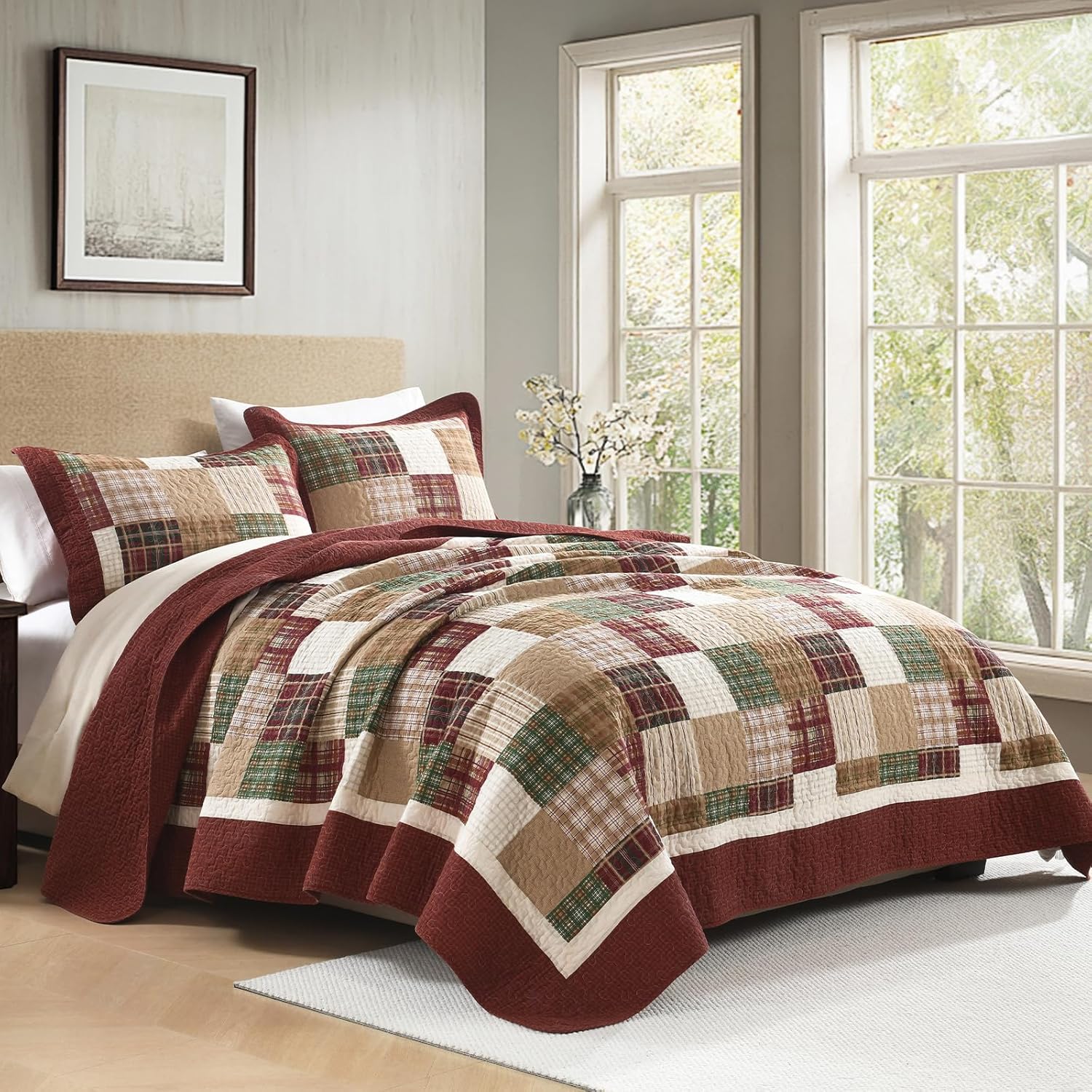 Quilts Queen Size - Plaid Design Farmhouse Quilt Set with Matching Shams, 3 Pieces 100% Cotton Queen Quilt Bedding Set, Reversible Bedspread Coverlet for All Season, Red/Green/Beige