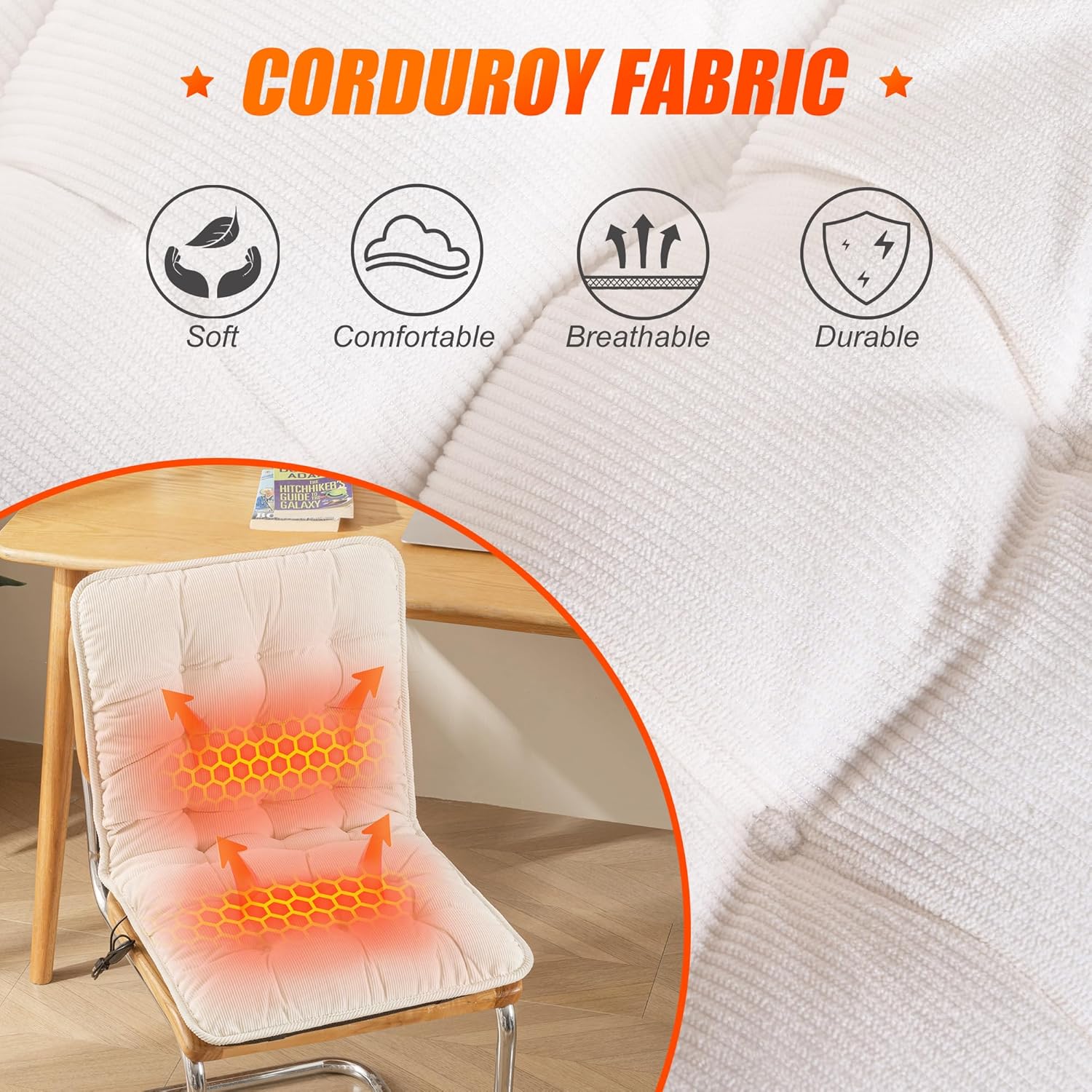 Suchtale Plug-in Heated Seat Cushion, Corduroy Heating Chair Pad with 3 Heat Levels & Timer, Fast-Heating 5V2A Input, Soft Thick Padding for Office, Home & Indoor Seating –White