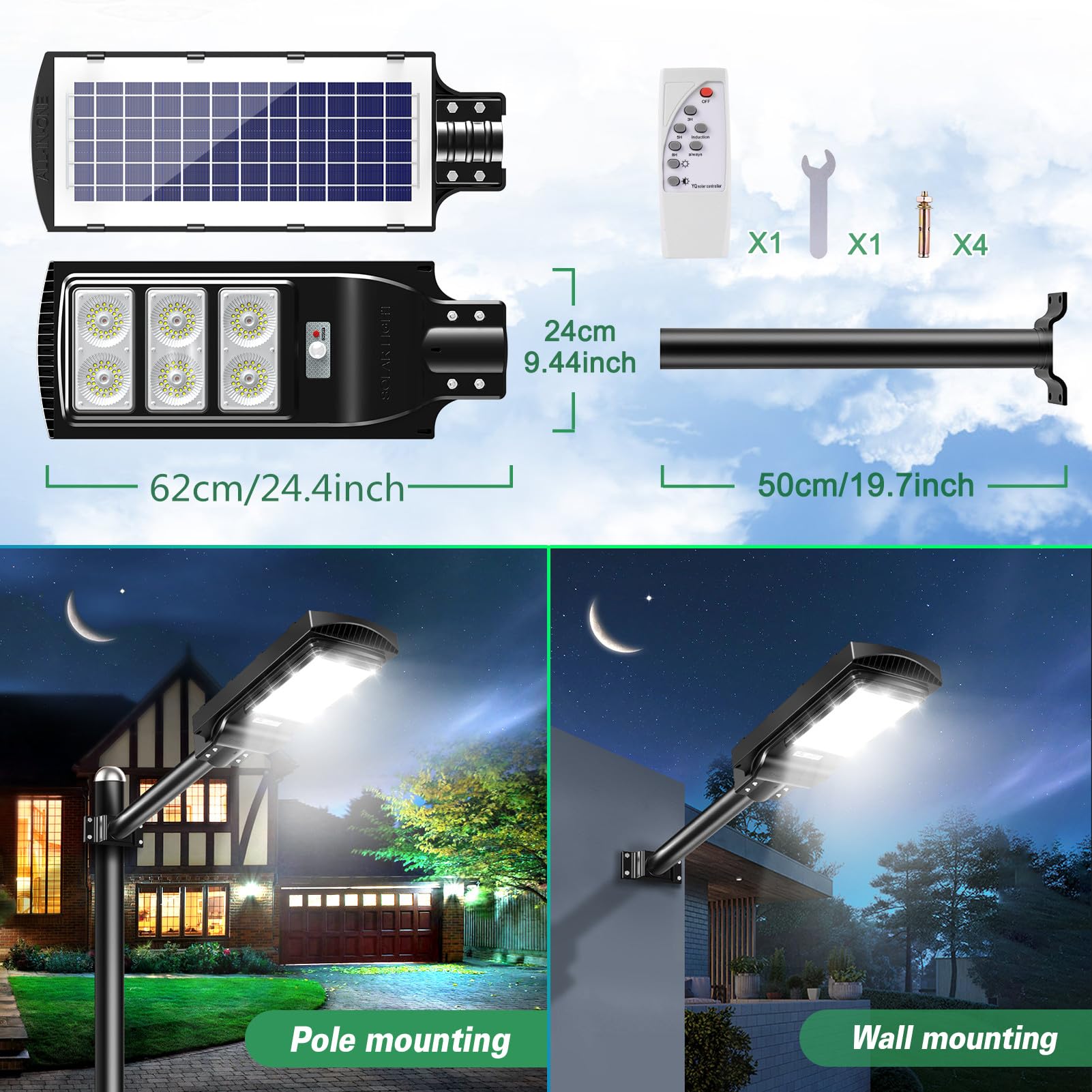 papasbox Réverbère Solaire LED 300W avec Télécommande | Lampe de Sécurité à énergie Solaire 6500K avec Détecteur de Mouvement | Réverbère Solaire d'extérieur