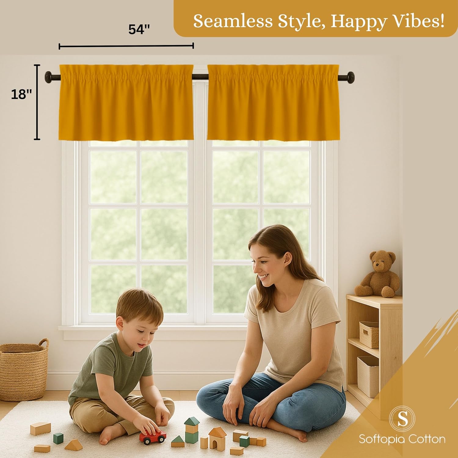 Mustard Valance Curtains 2 Pack, 54x18 Inches, 100% Cotton, Rod Pocket Window Valances, Semi Sheer Short Curtain for Kitchen, Farmhouse, Café, Bedroom, Bathroom, Living Room Décor