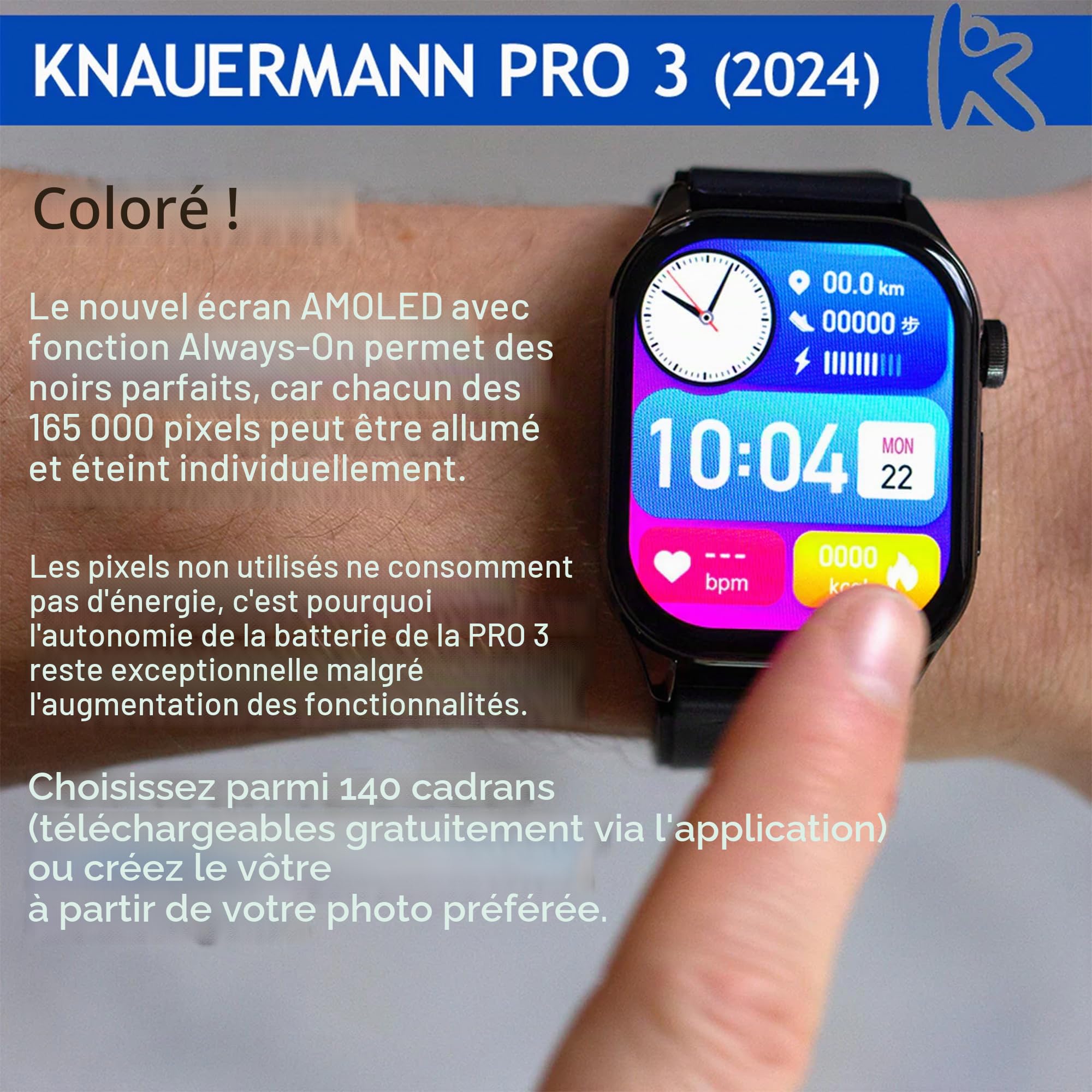 Knauermann Pro 3 (2024) Noir - Montre sanitaire Smartwatch avec Fonction téléphonique - Capteurs OSRAM - Fonction ECG + HRV - BT Bluetooth - Apnée du Sommeil - Pression artérielle - Bracelet en
