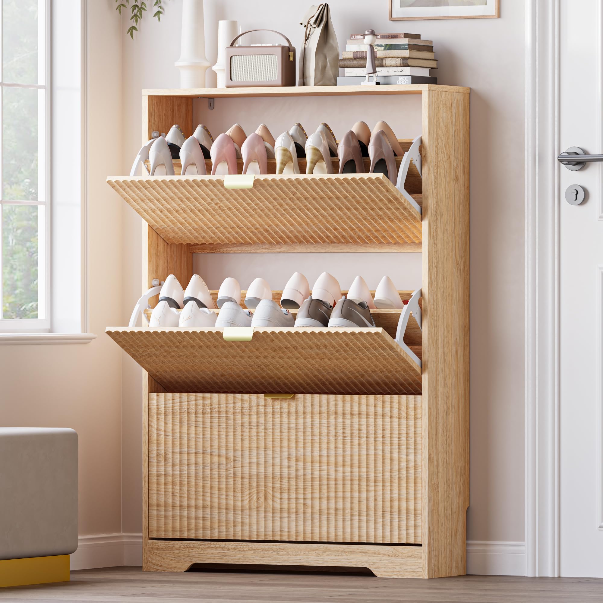 BORNOON Entryway Shoe Cabinet with 3 Flip Drawers, Narrow Shoe Organizer Cabinet with Fluted Panel and Adjustable Shelves for Foyer, Hallway