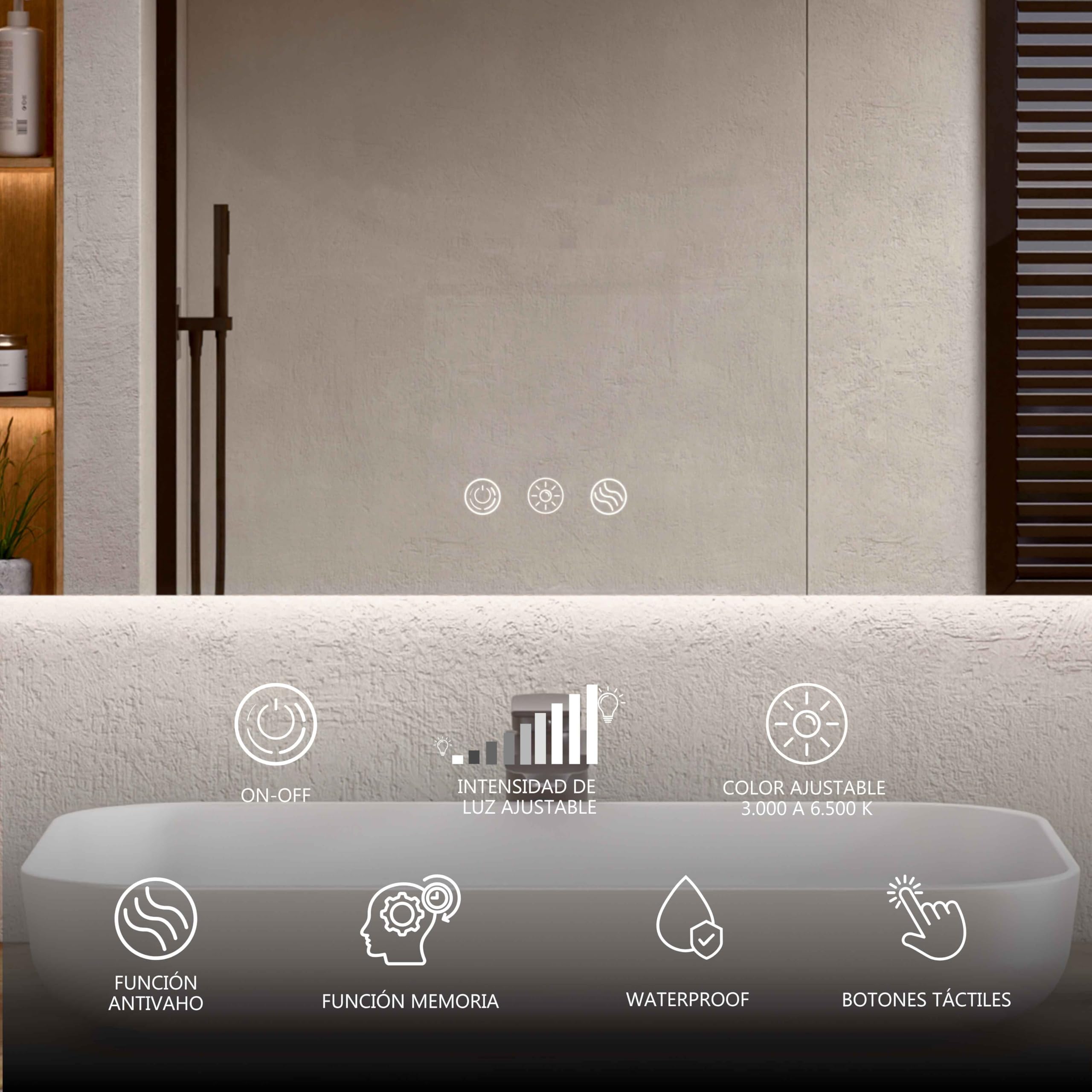 BELLOBATH - Espejo Baño con Luz Led, Luz Ajustable en 3 Colores e Intensidad, Antivaho, Espejos de Baño con Led, Waterproof IP65 - Luz Indirecta - 80cm Alto x 120cm Ancho