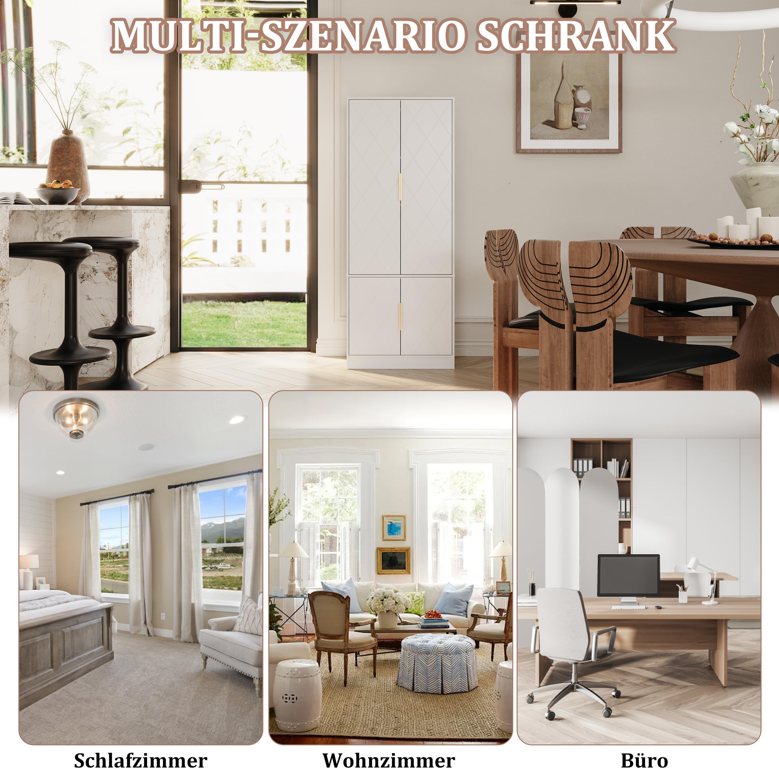 UEV Hochschrank mit 4 Türen, Kücheschrank, Badzimmerschrank Mehrzweckschrank Aktenschrank mit verstellbare Ablage vielseitig einsetzbar für Büro, Flur, Küche, Hauswirtschaftsraum 60x30x150cm Weiß