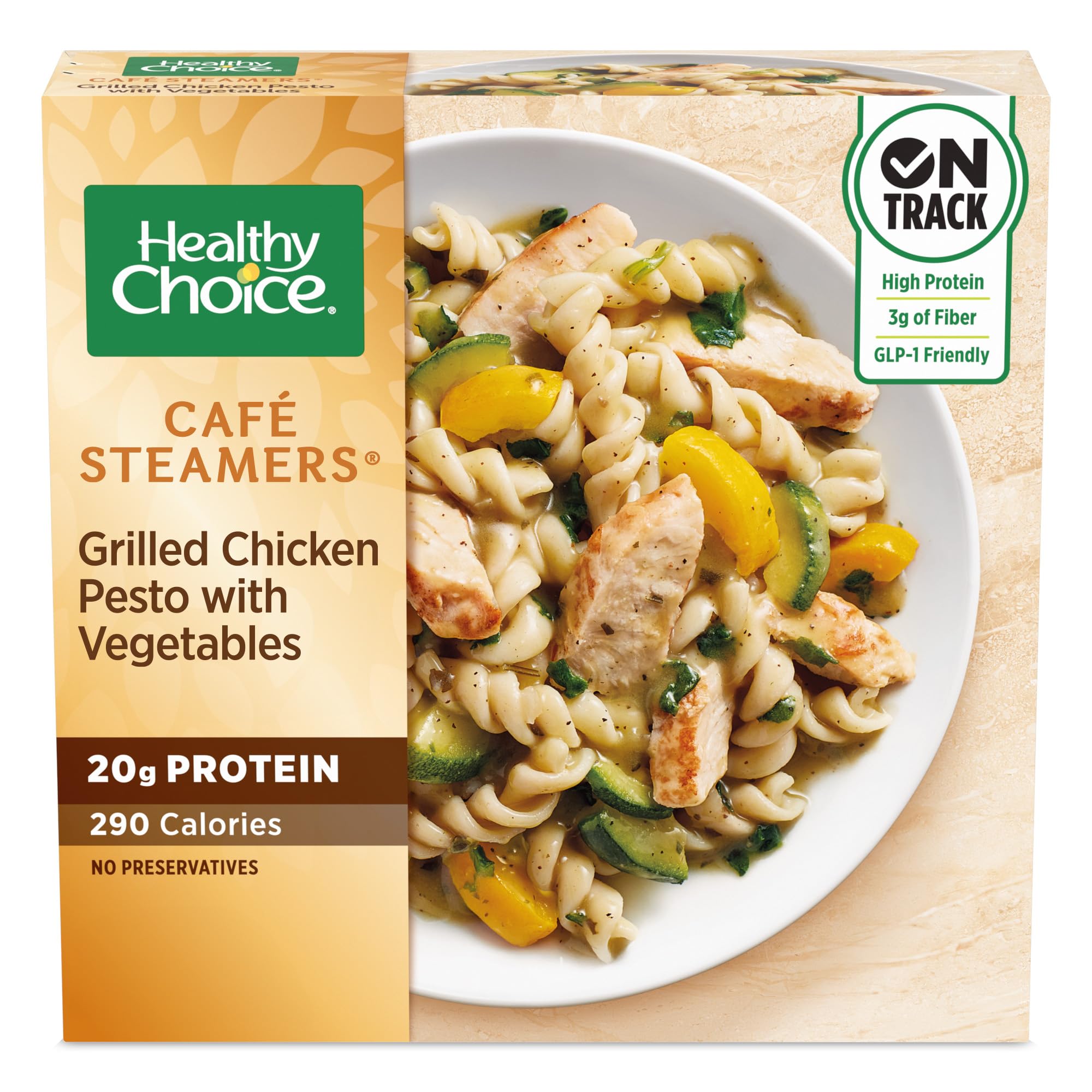 Healthy Choice Cafe Steamers Grilled Chicken Pesto with Vegetables, Convenient Microwave Meal Made With No Preservatives, Frozen Meal, 9.9 OZ Bowl