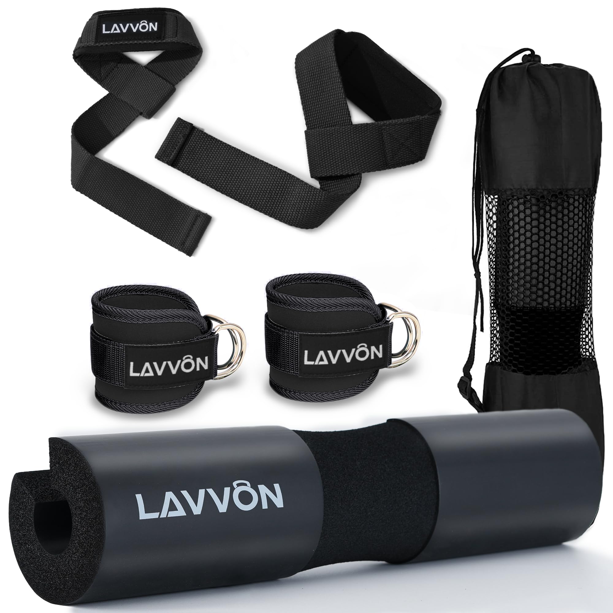 Squat Pad Set - Foam Barbell Pad for Squats Cushion, Lunges & Bar Padding for Hip Thrusts - Standard Weight Bar Pad - With Ankle Straps, Wrist Straps for Weightlifting (Black)
