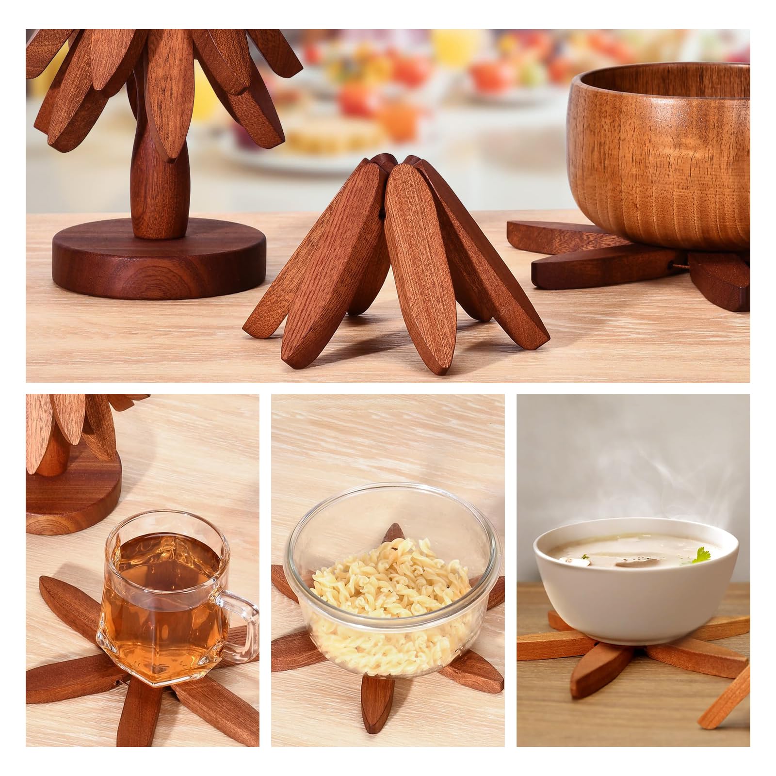 Wooden Tree Placemat Set for Hot Dishes, Tripod Stand, Coasters, 4+1Pieces?hot Pads for Kitchen?trivets for hot Dishes?Wooden trivets for hot Dishes?Walnut Color?