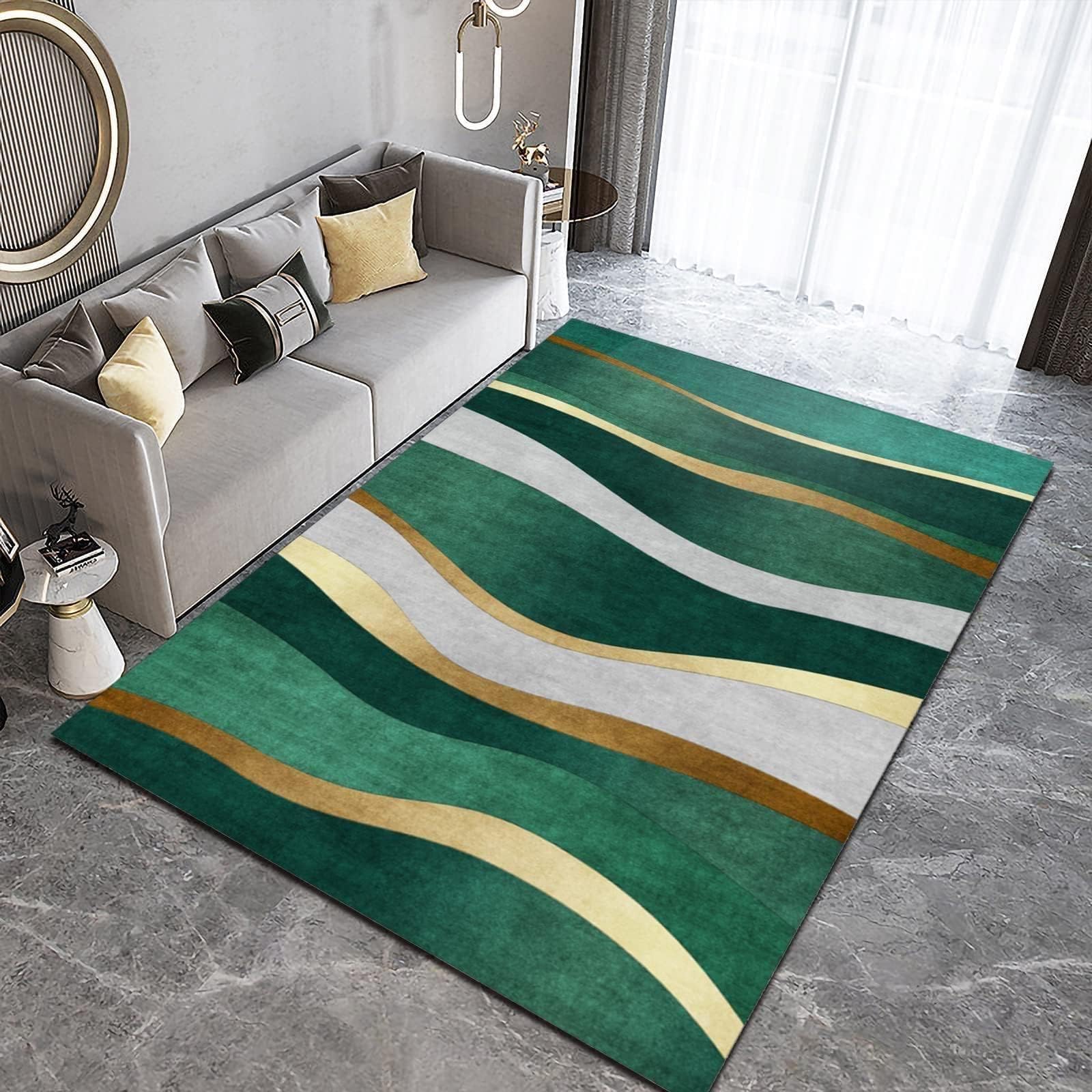 Tapis de Décoration Rayures Irrégulières Vert émeraude Doré, 140 x 200 cm Tapis Moquette de Chambre à Poils Ras, Paillasson Intérieur - pour Chambre à Coucher de Salon