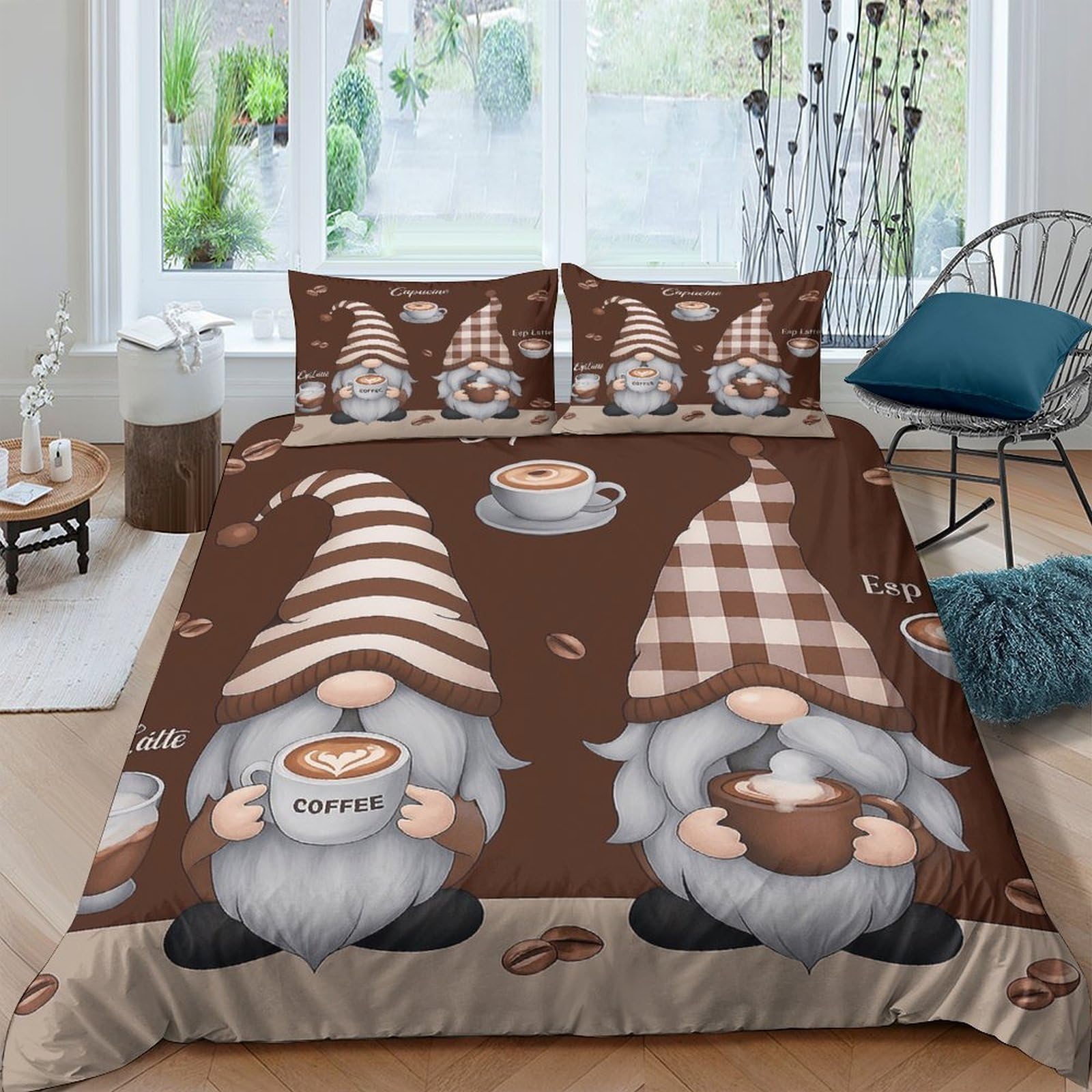Ctjqhvkz Style-9 3D Printed Coffee Gnome Fitted Sheet Microfiber Soft Brown Plaid Mug Mattress Cover Bedroom Decor Machine Washable Single（135X200cm）