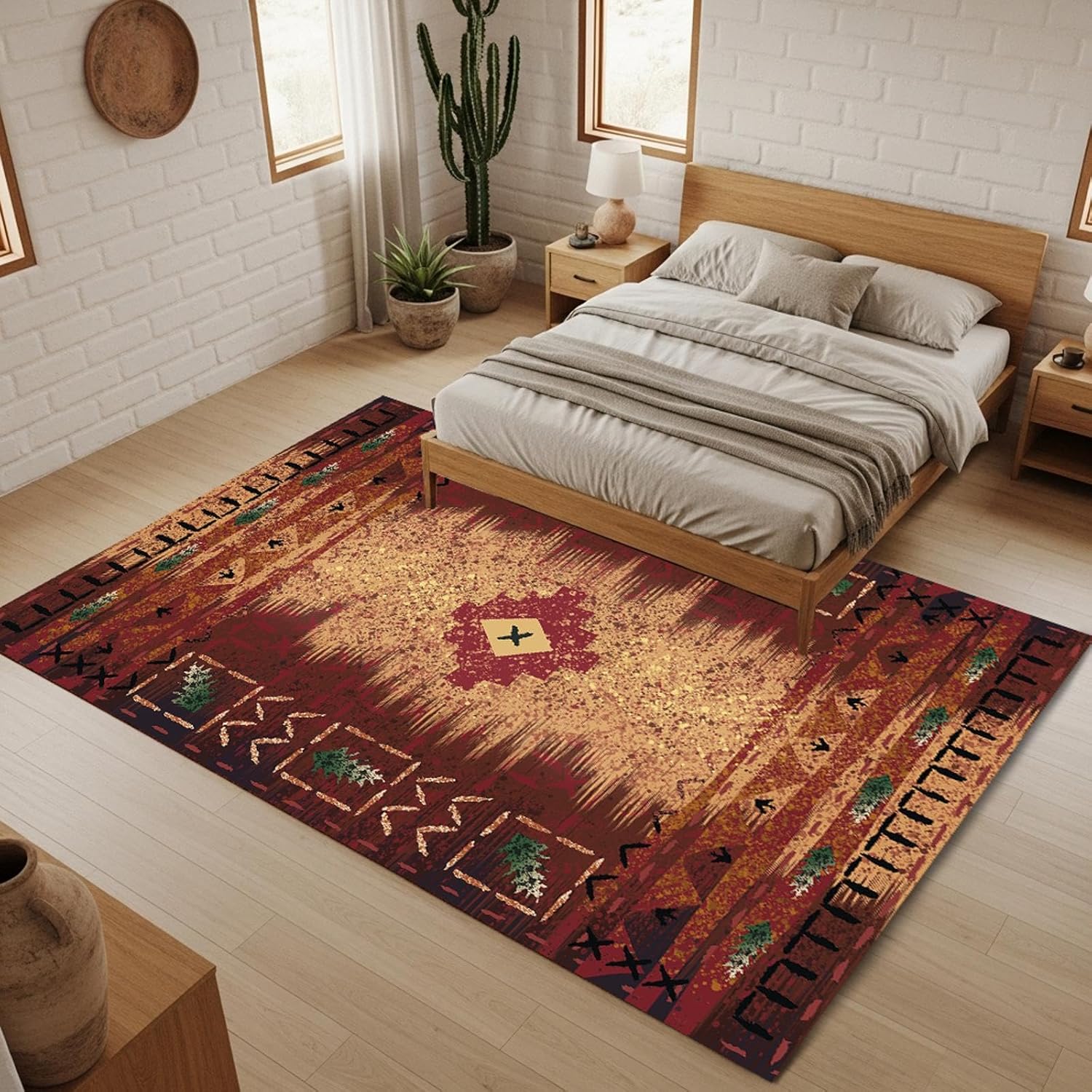 Rustic Southwestern Area Rug 5'x7' – Native-American Inspired Aztec Geometric Western Design, Non-Slip Washable Tribal Floor Décor for Living Room & Bedroom