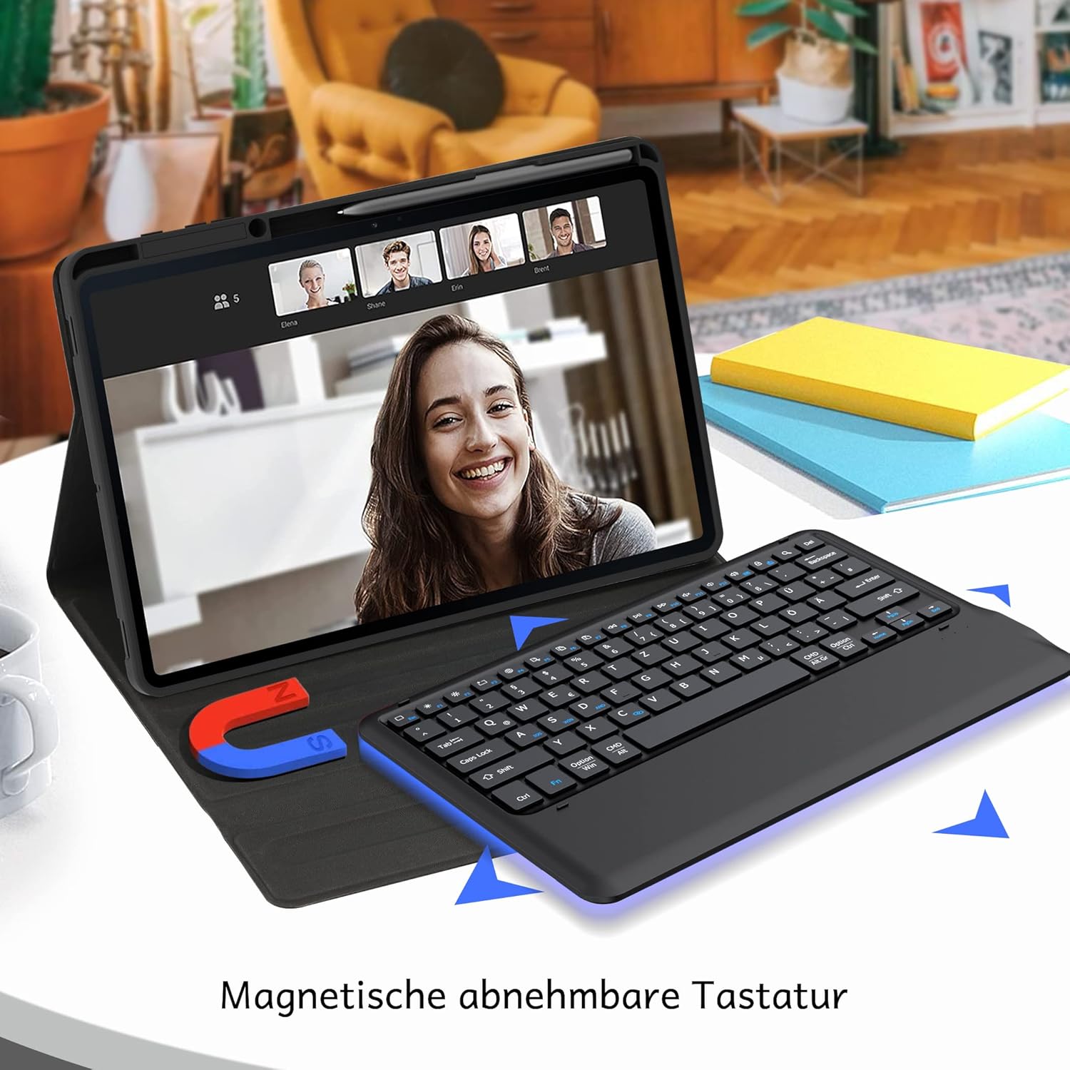 Image demonstrating the magnetic detachable keyboard being separated from the case, with a tablet in the background.