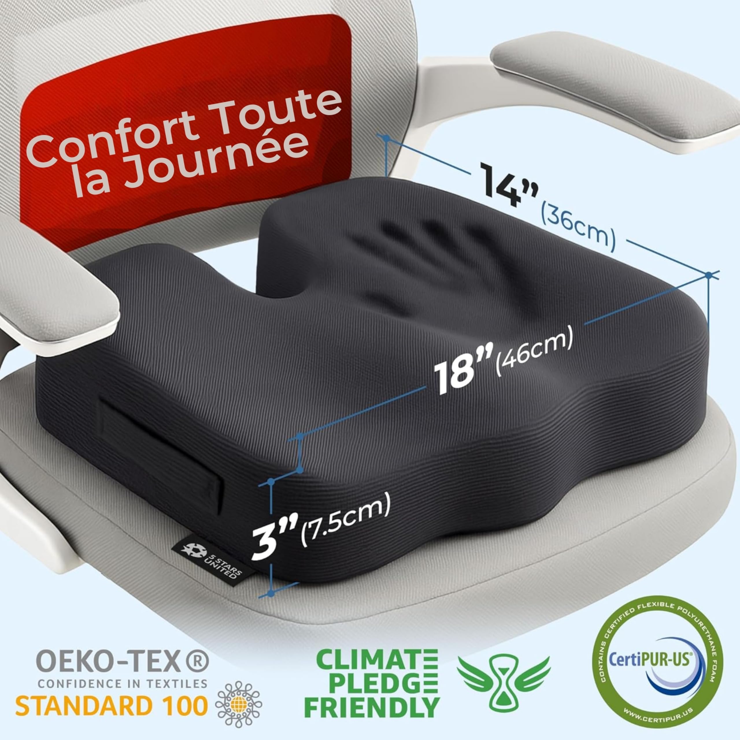 Coussin d’Assise en Mousse à Mémoire de Forme, Coccyx Ergonomique pour Chaise de Bureau, Soulagement Sciatique & Lombaires – Noir