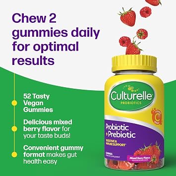 Culturelle Daily Probiotic Gummies for Women & Men, Berry Flavor, 52 Count, Naturally-Sourced Daily Probiotic + Prebiotic for Digestive Health, Non-GMO & Vegan
