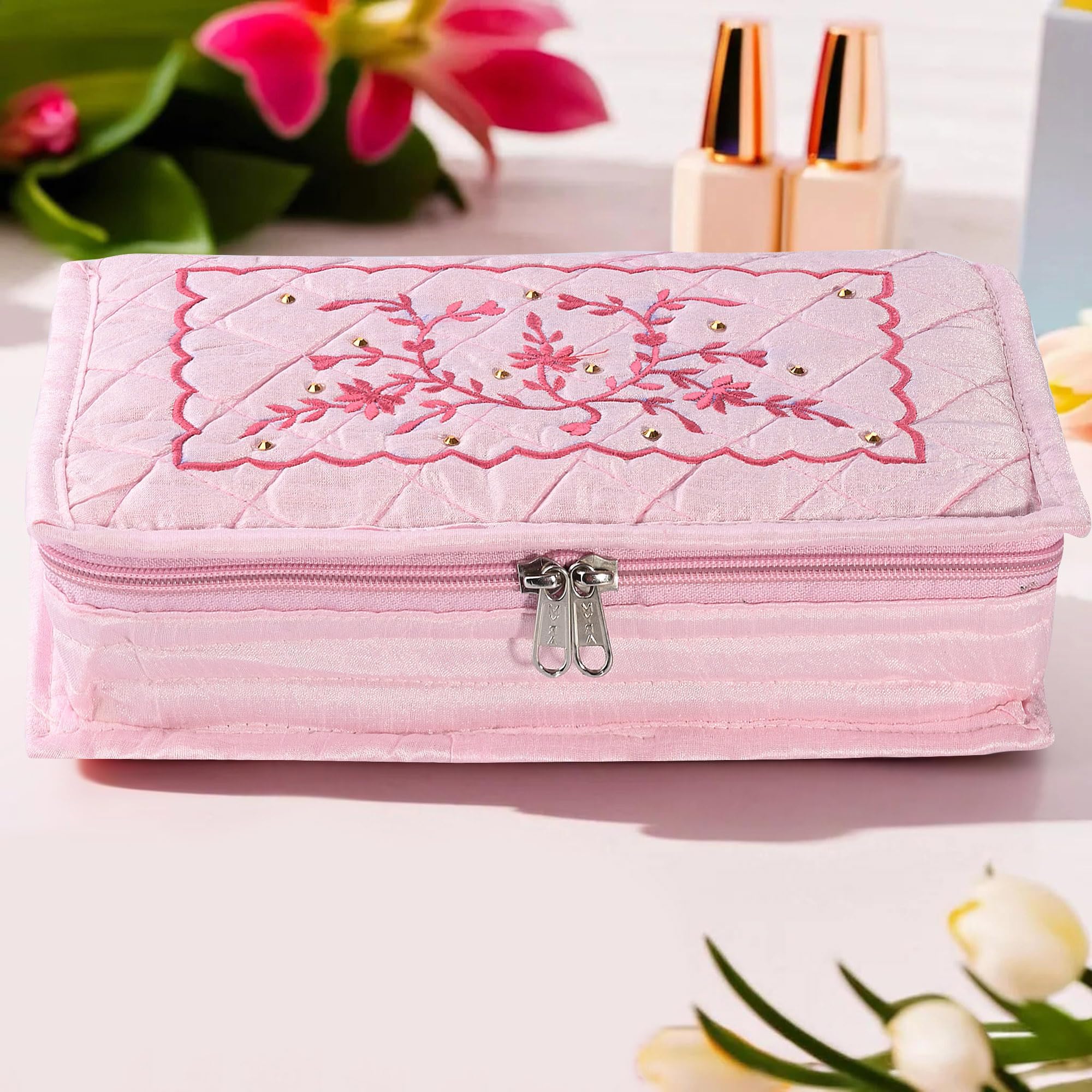 Kuber Industries Embroidery Jewellery Box For Women - 7-Compartments Travel Pouch with Zip Lock For Gold Storage & Earrings Organizing- Light Pink