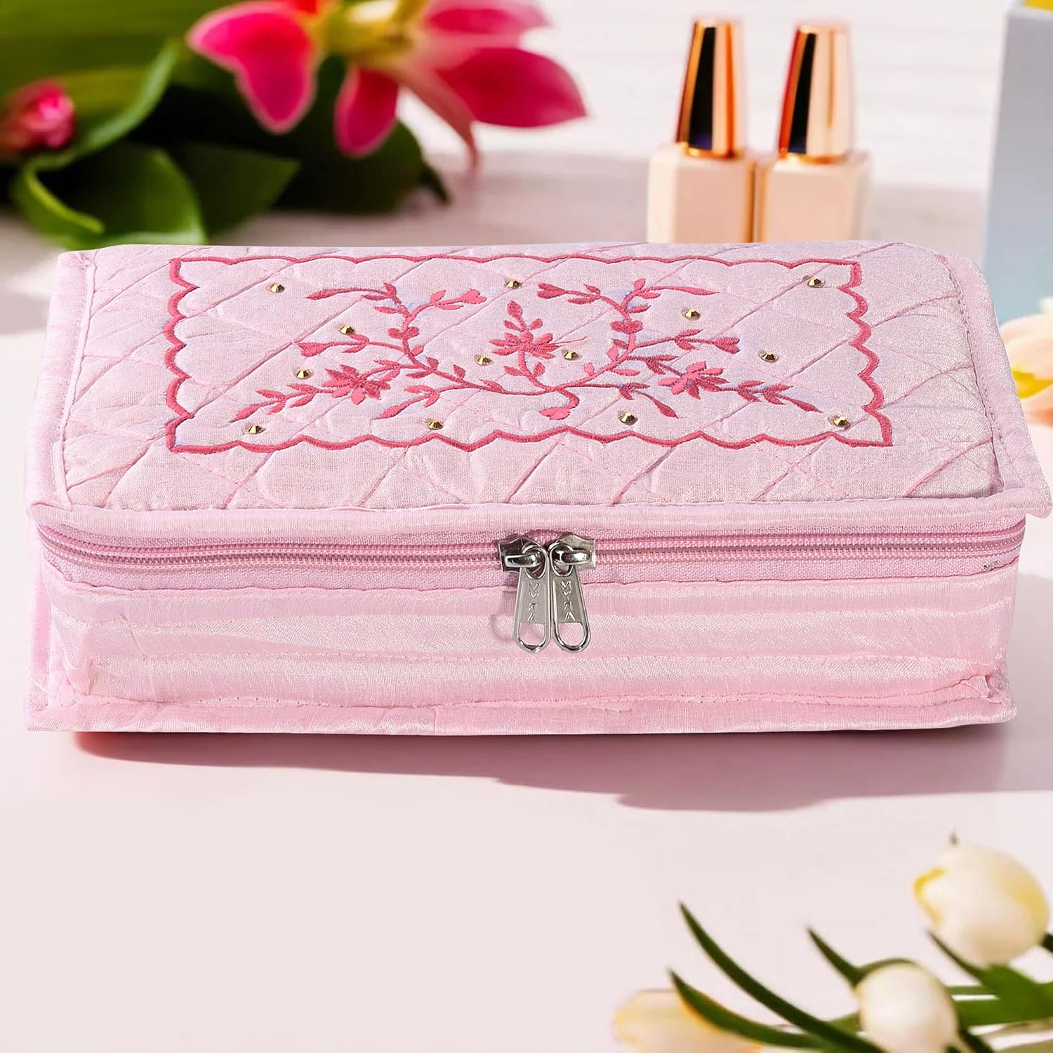 Kuber Industries Embroidery Jewellery Box For Women – 7-Compartments Travel Pouch with Zip Lock For Gold Storage & Earrings Organizing- Light Pink Kuber Industries Embroidery Jewellery Box For Women – 7-Compartments Travel Pouch with Zip Lock For Gold Storage & Earrings Organizing- Light Pink