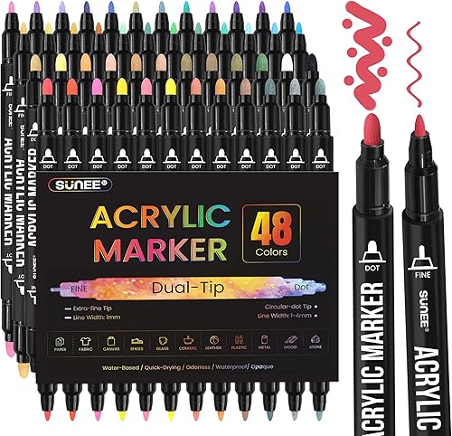 SUNEE Bolígrafos de pintura acrílica de 48 colores, rotuladores de doble punta con punta media y punta fina, marcadores de pintura para pintura