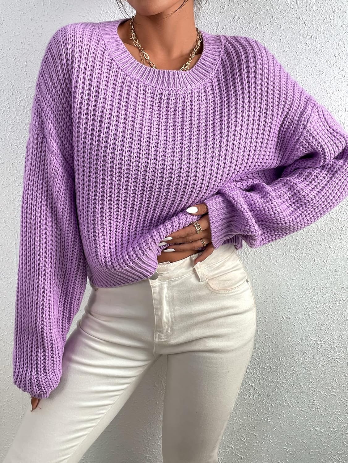 Women's Sweater Solid Ribbed Knit Drop Shoulder Sweater Sweater for Women (Color : Lilac Purple, Size : Small)