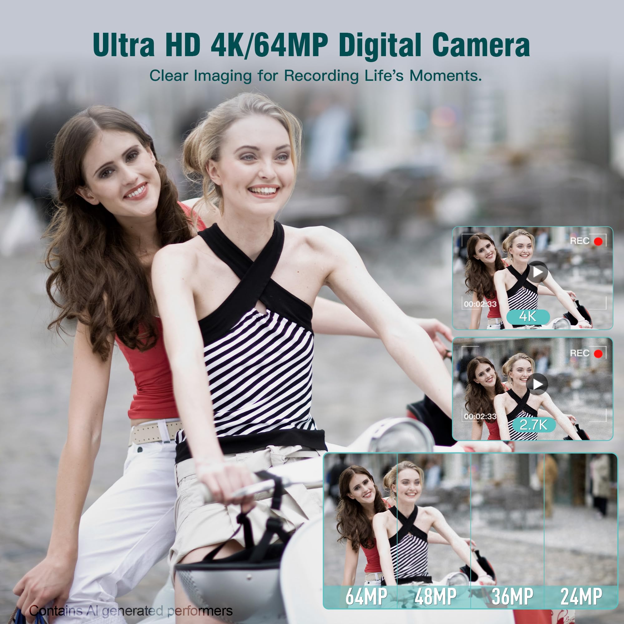 Fansbe Smart Fotocamera digitale, fotocamera 4K Vlogging con 64MP, fotocamera digitale Point e Shoot con zoom 18X, anti-shake, quadrante modalità, scheda SD da 32 GB, lettore di schede
