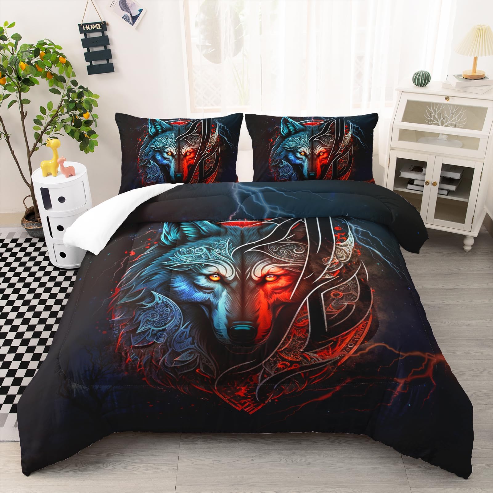 AILONEN Wolf Head Printed Comforter Set Twin Size,Evening Lightning Wolf Bedding Set for Boys Men,Wild Animals Wolf Print Bed in a Bag Duvet Set 3 Pieces,1 Quilt and 2 Pillowcases