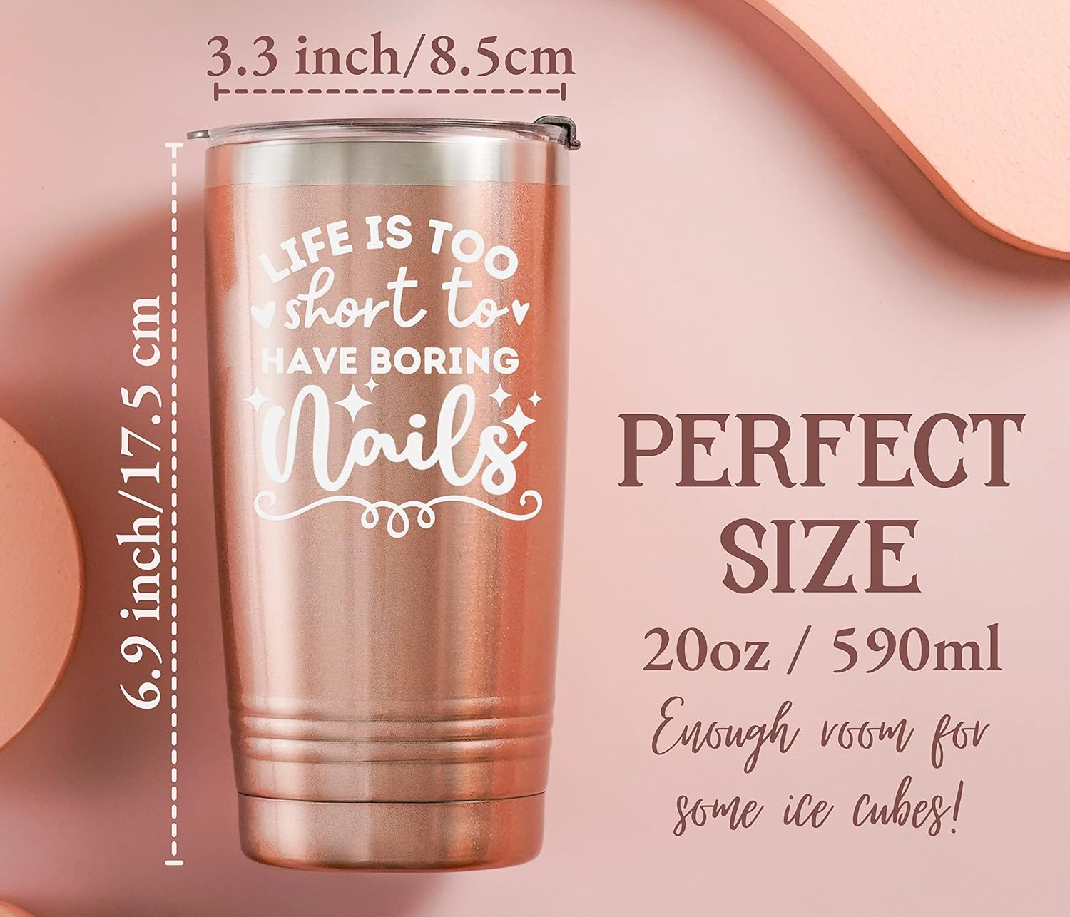 Onebttl Funny Nail Tech Gifts, Nail Tech Must Haves - Life If Too Short To Have Boring Nails - 20oz Stainless Steel Mug with Lid and Straw - Rose Gold
