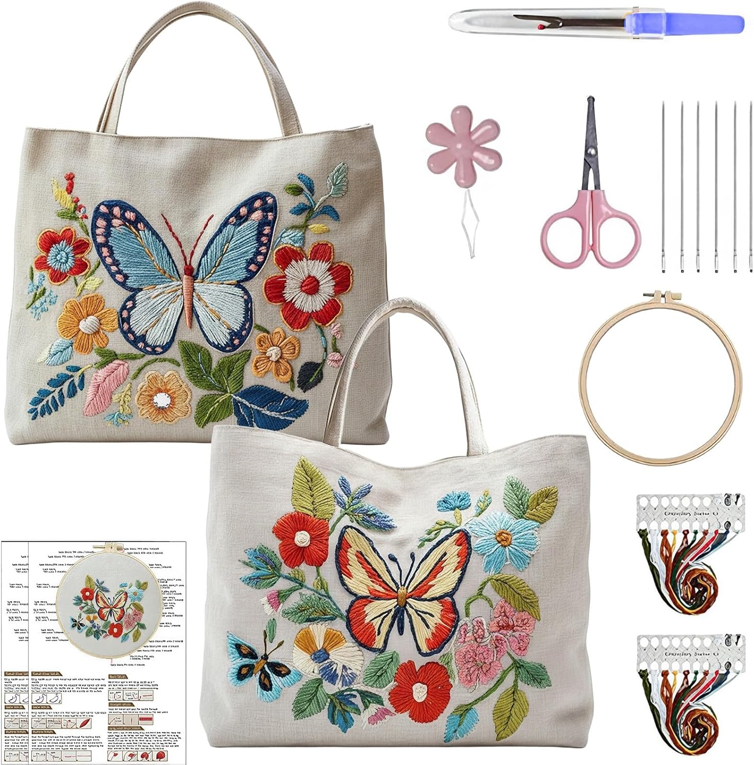 ARTopet 2Pcs Embroidery Tote Bag Embroidery Kit for Beginners Cross Stitch Handbag Butterfly Patterns with Hoop Needle Threads Fabric Reusable Grocery Bag for Women-02