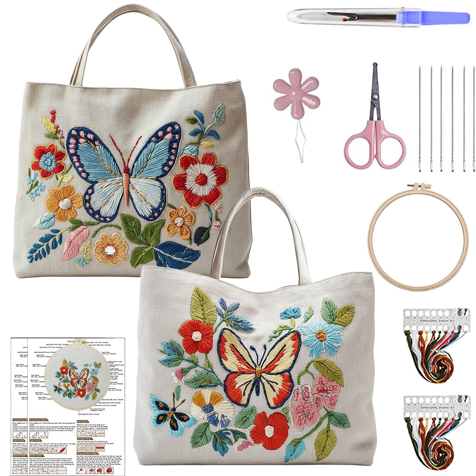 Lebartm 2Pcs Embroidery Tote Bag Embroidery Kit for Beginners Cross Stitch Handbag Butterfly Patterns with Hoop Needle Threads Fabric Reusable Grocery Bag for Women-02 — image 1