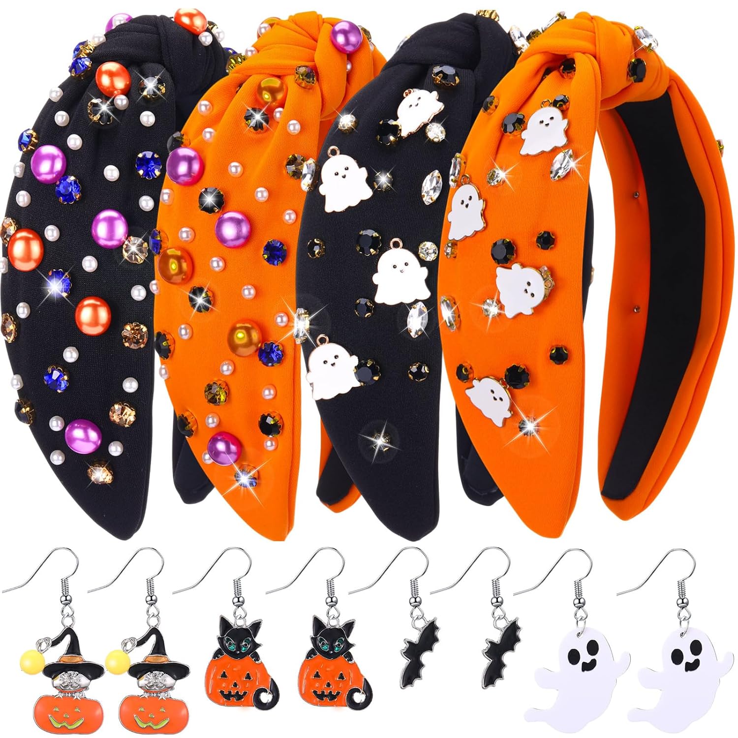 Hoteam 4 Set Halloween Headband and Earring for Women Rhinestone Crystal Pearl Wide Knot Ghosts Headband Bat Pumpkin Ghost Witches Earrings Top Knot Hairband Halloween Hair Accessories Birthday Gifts