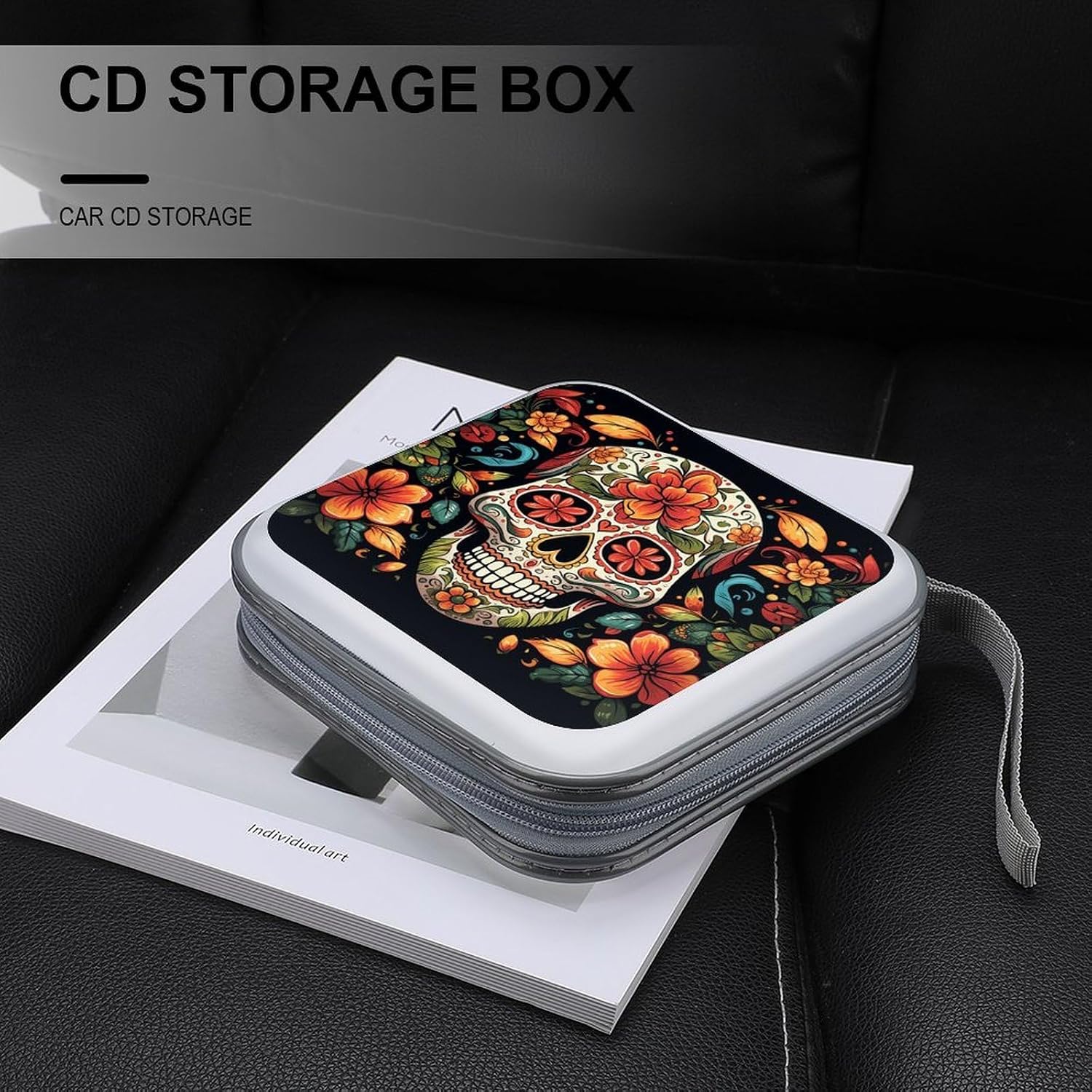 Colorful Sugar Skull DVD Storage Bags with Zipper, CD Portable Case Holder with Handles, Large Storage Stackable Media Binder for Travel, Cabinet, Home, Office, Car image 5