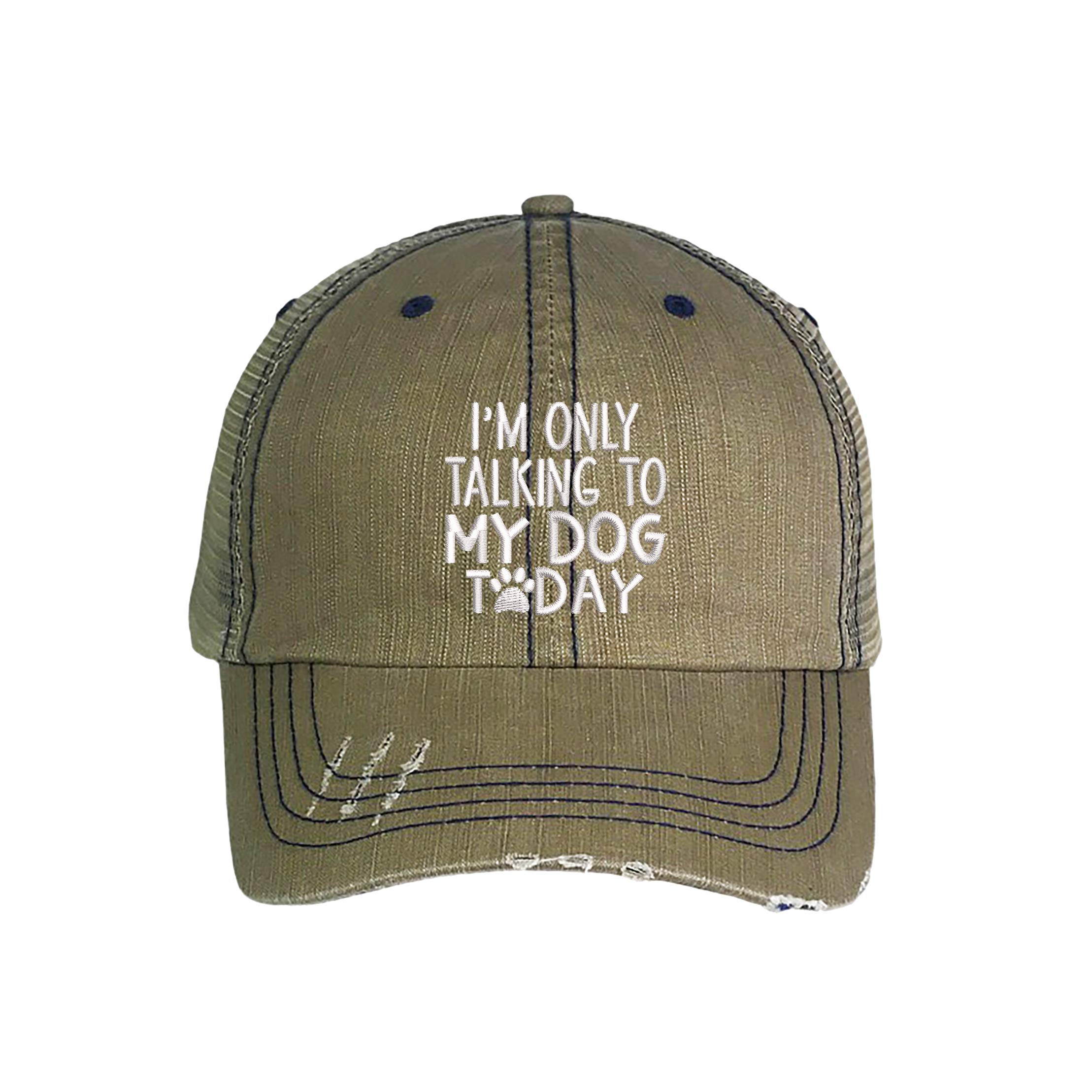I'm Only Talking to My Dog Today Distressed Trucker Hat - Embroidered Trucker Baseball Hat (Black)