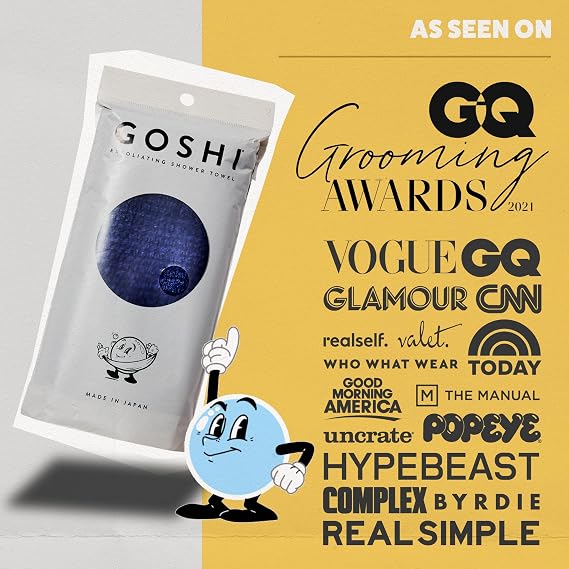 GOSHI Exfoliating Shower Towel - Long Body Scrubber for Back Acne, KP & Smooth Skin - Durable Rip-Resistant Weave, Quick-Dry Nylon Washcloth - Ethically Crafted in Gunma, Japan - Blue