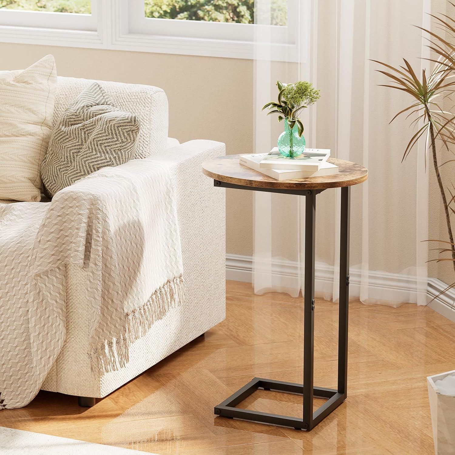 C Shaped End Table,Oval Couch Sofa Side Table for Bed Slide Under Couch, Wood Small Round Snack Table with Metal Frame, TV Tray Table for Small Space, Living Room,Easy Assembly(Brown)