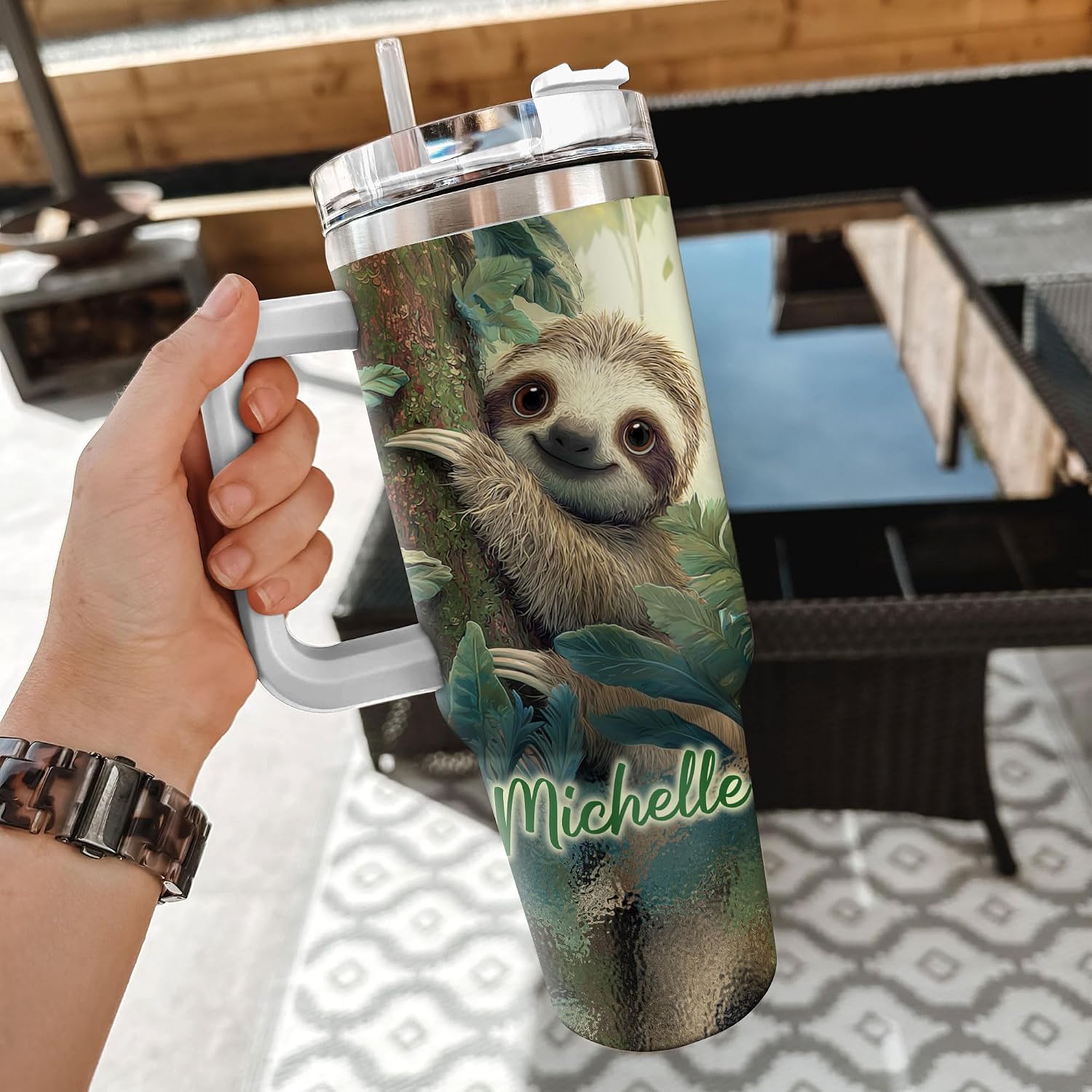 Hyturtle Personalized Gifts For Sloth Lover Tumbler 40oz with Handle and Straw - Stainless Steel Travel Coffee Cup With Lid - Cute Animal Lover Gifts For Women, Girl On Birthday Christmas