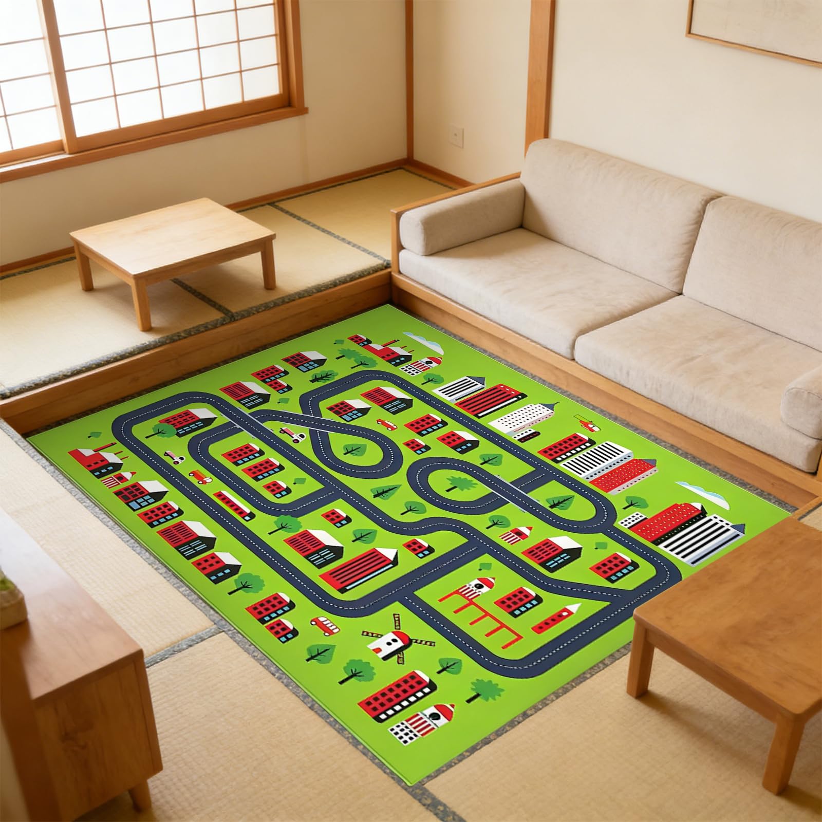 PORFOYO Tappeto Gioco,80 * 120 CM Tappetino Da Gioco,Tappeto Macchinine,Tappeto Stradale,Tappeto Da Gioco Pieghevole Per Decorare Una Sala Giochi O Una Camera Da Letto,Antiscivolo, Resistente,Verde