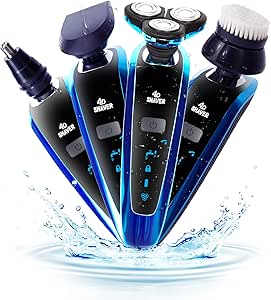 Sungao 4 in 1 Waterproof Electric Razor Kit with Charging Stand for Men Beard Nose Hair Trimmer Facial Cleaning Brush Sideburn Hair Clippers Blue