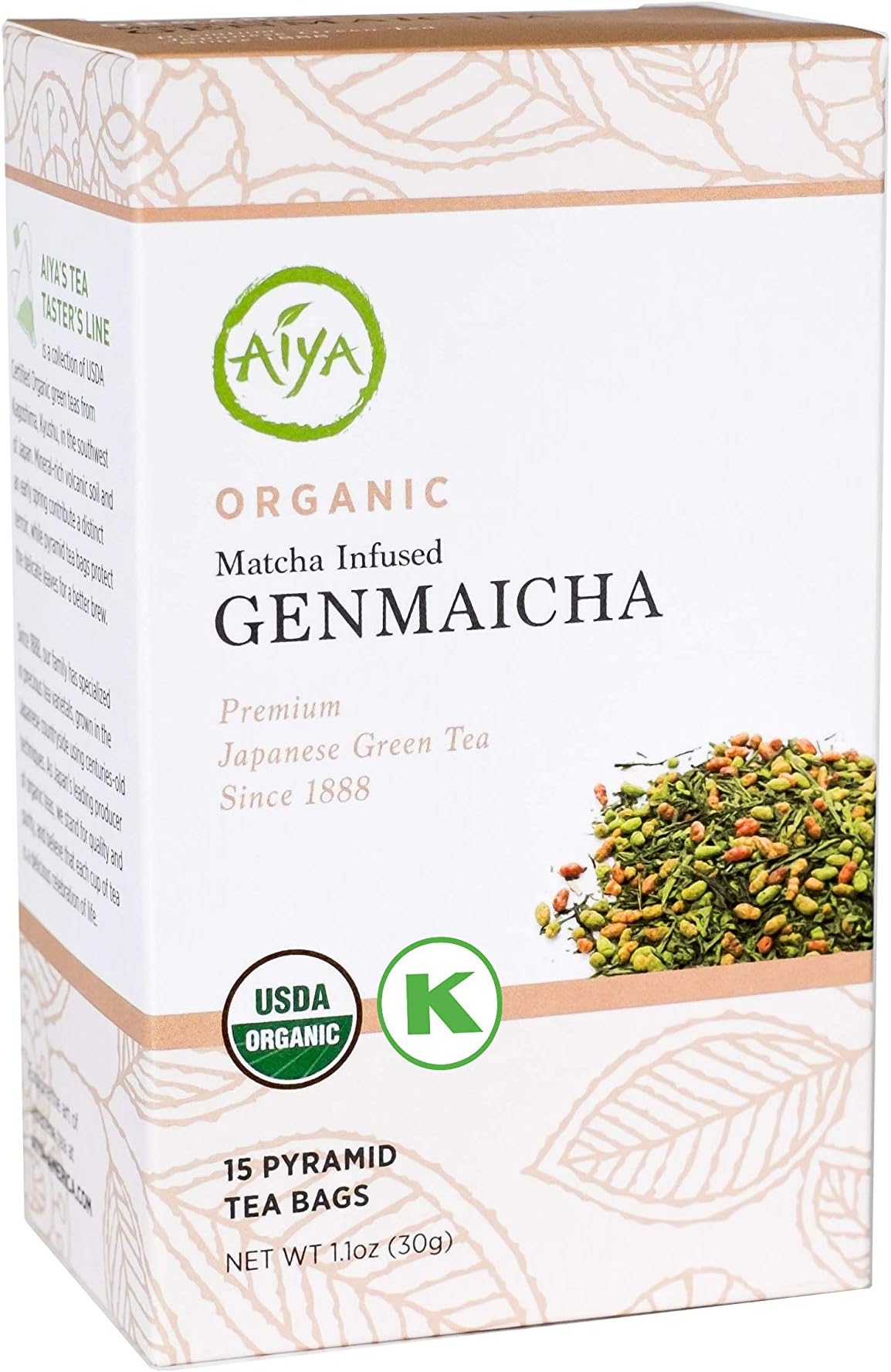 Aiya Organic Matcha-Infused Genmaicha Green Tea - Tea Taster's Line, 15 pyramid bags