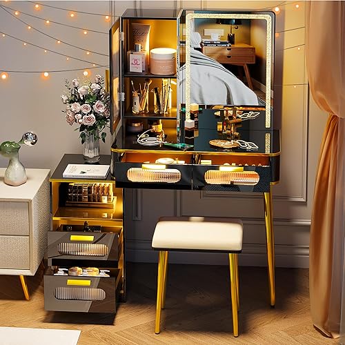 SKKTKT Escritorio LED con espejo iluminado, tocador de maquillaje retráctil con mesita de noche, tocador de maquillaje negro con control de voz y