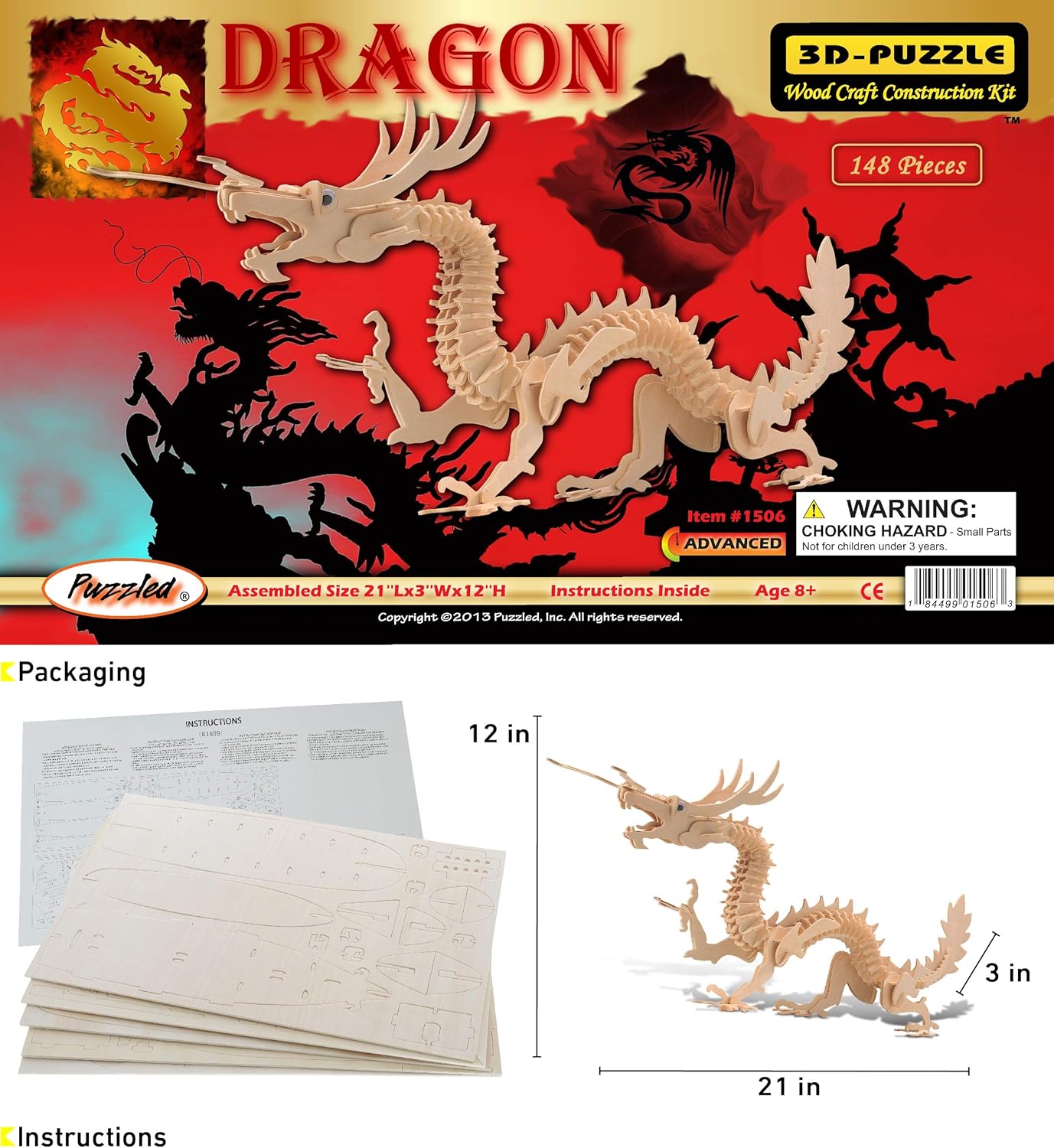 Puzzled 3D Puzzle Dragon Building Kit - Wooden Dragon Puzzle Toy for Kids and Adults, Educational DIY Wood Puzzle Toy Dragon, Dragon Model Kit 3D Animal Puzzle to Build and Paint with 148 Pieces Pack