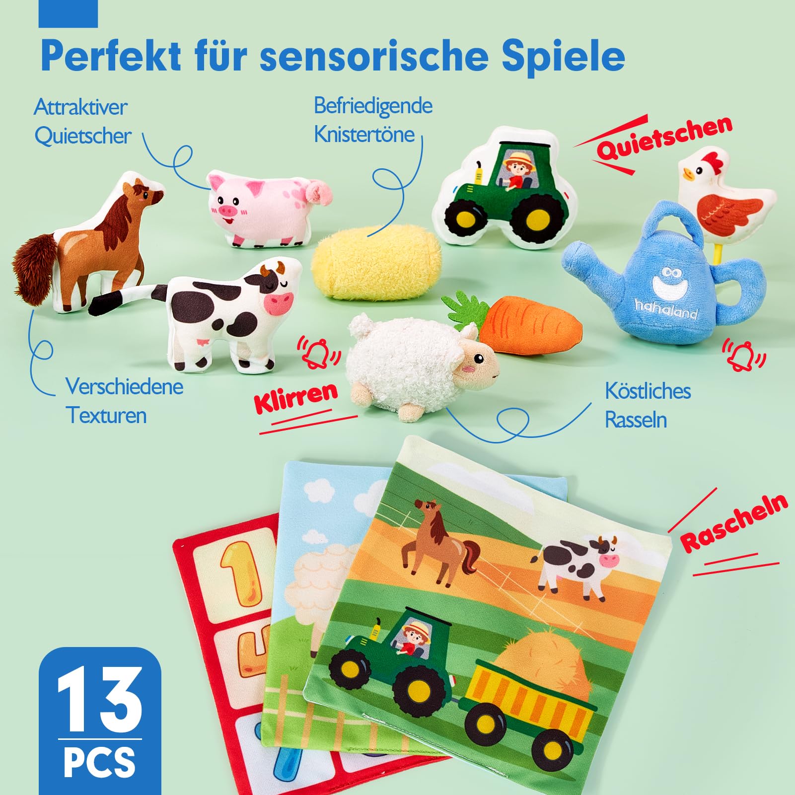 hahaland Baby Spielzeug 6 12 Monate - Bauernhof-Schatzkiste, Montessori Sensorik Spielzeug mit 9 Rasseln und Spiegel, Kinder Lernspiele Motorikspielzeug 1 2 3 Jahre, Weihnachts- und Ostergeschenk