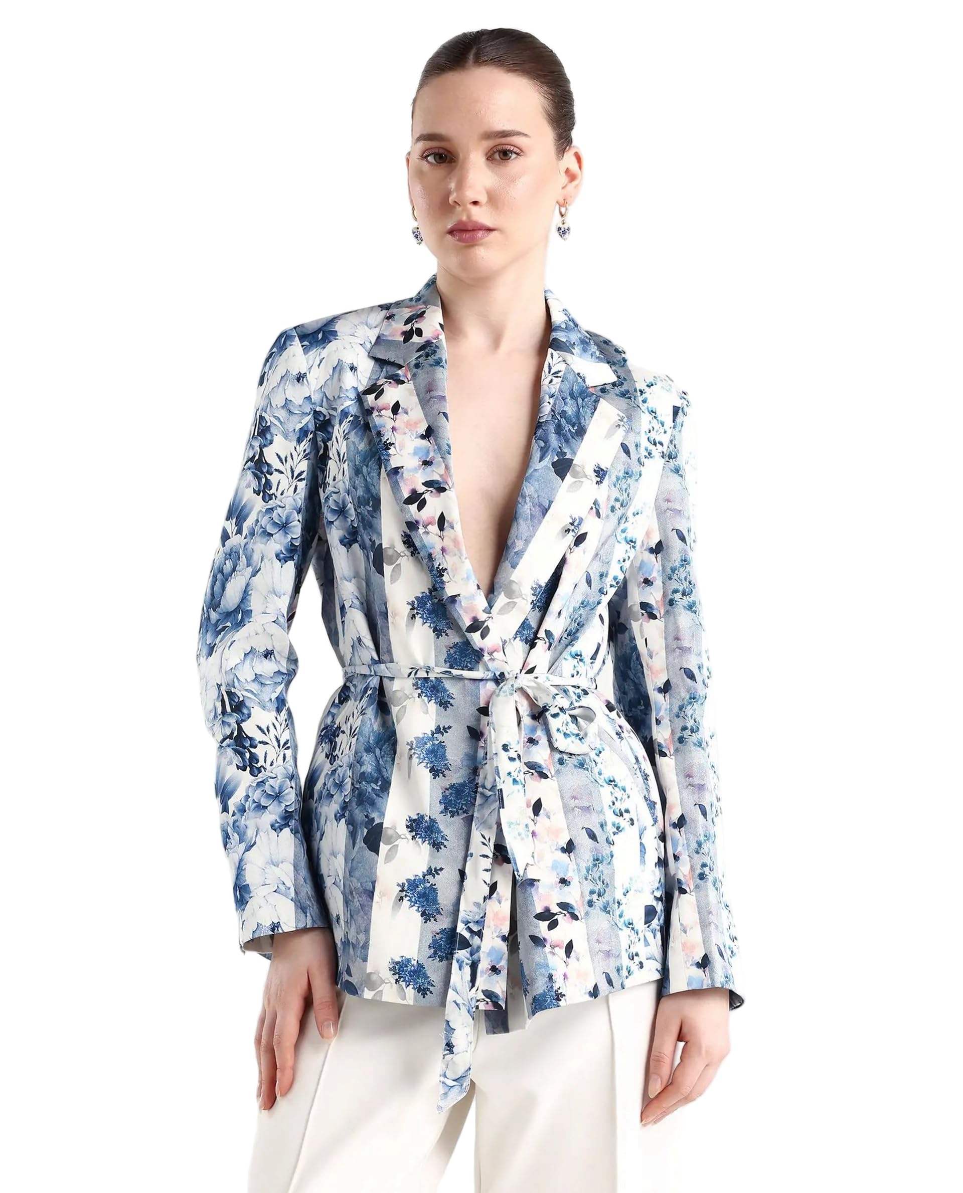 rareism Tailored Floral Light Blue Polyester Notch Lapel Long Sleeve Blazer-picture-53