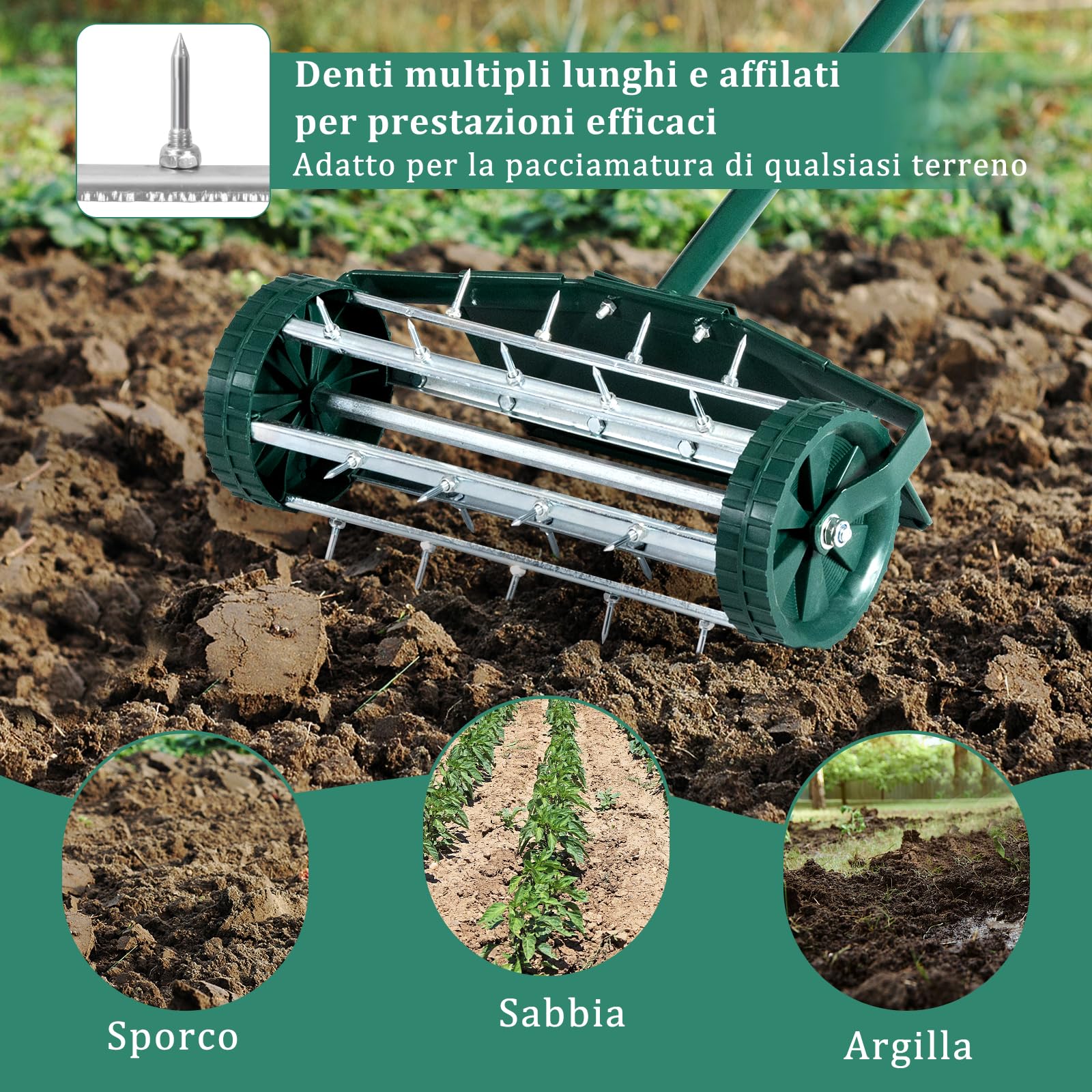 COSTWAY Arieggiatore per Prato, Rullo Arieggiatore da Prato con Parafango, Arieggiatore Manuale per Prato Giardino Terreno, 46 x 23 x 127 cm
