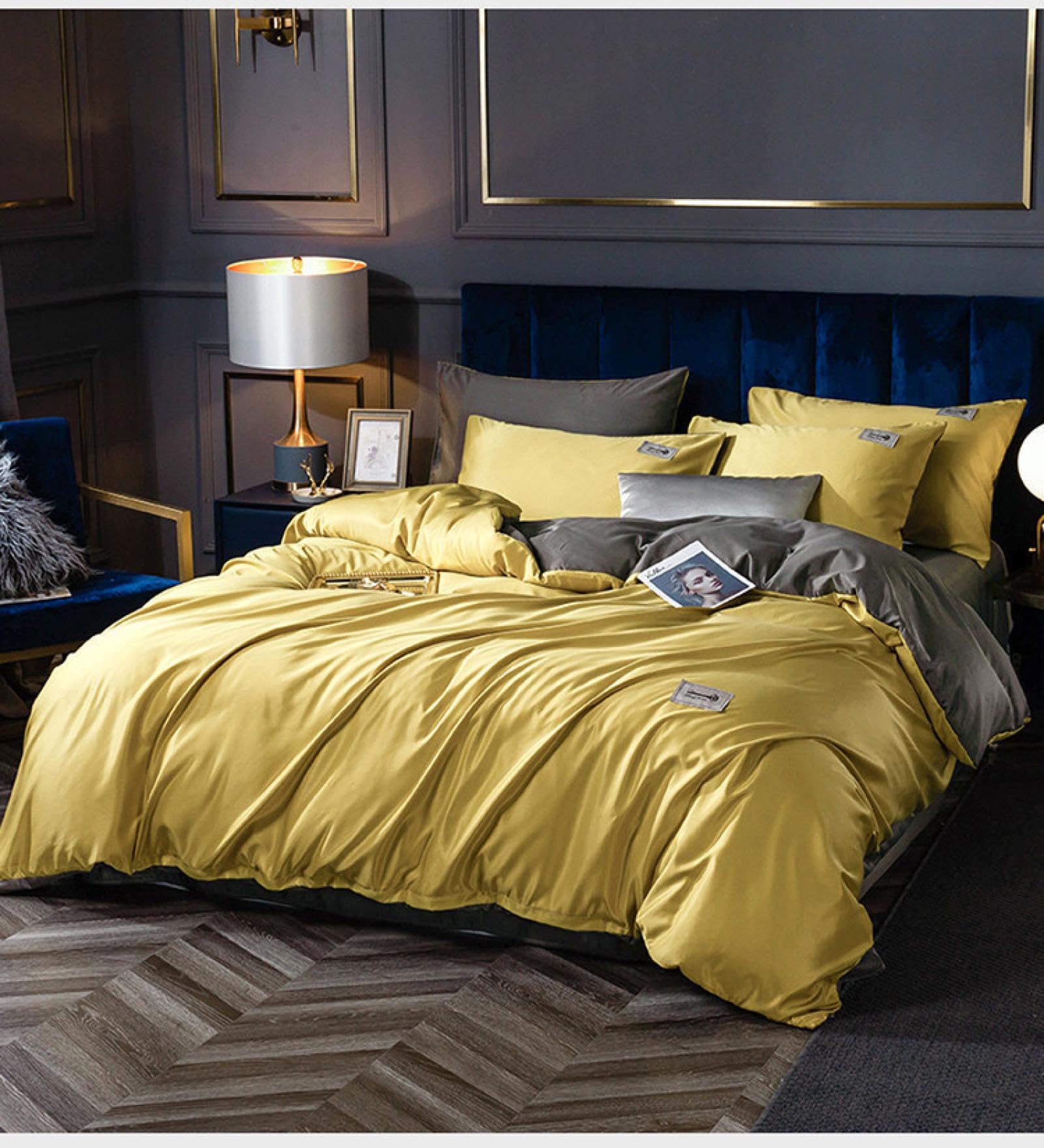 Parure de lit en soie jaune contre la chaleur nocturne drap et housse de couette 4pcs