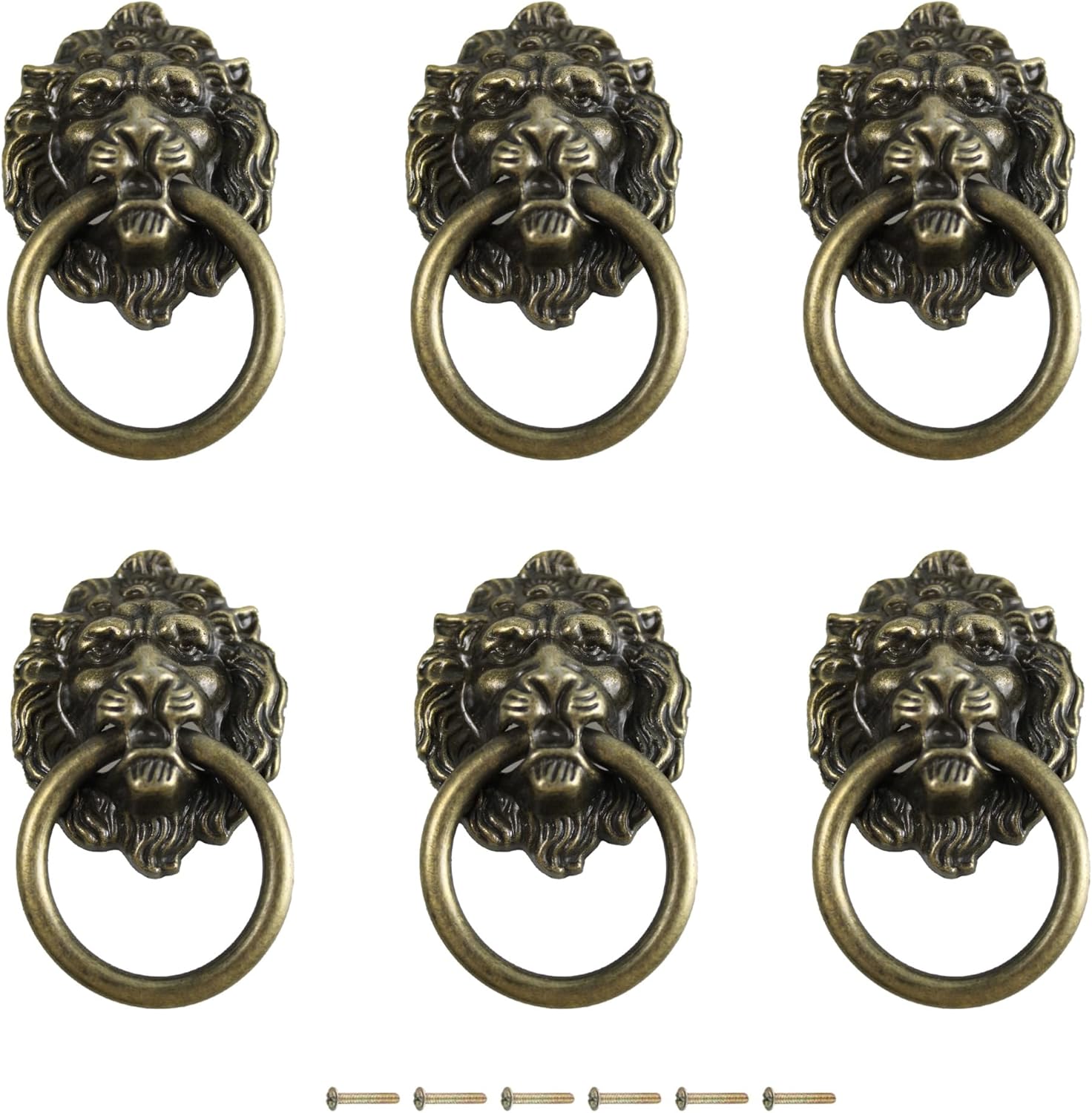 Septe Lion Head Handle Pull Ring, Antique Bronze Drawer Cabinet Jewelry Box Ring Handle, with Screws, 6Pcs